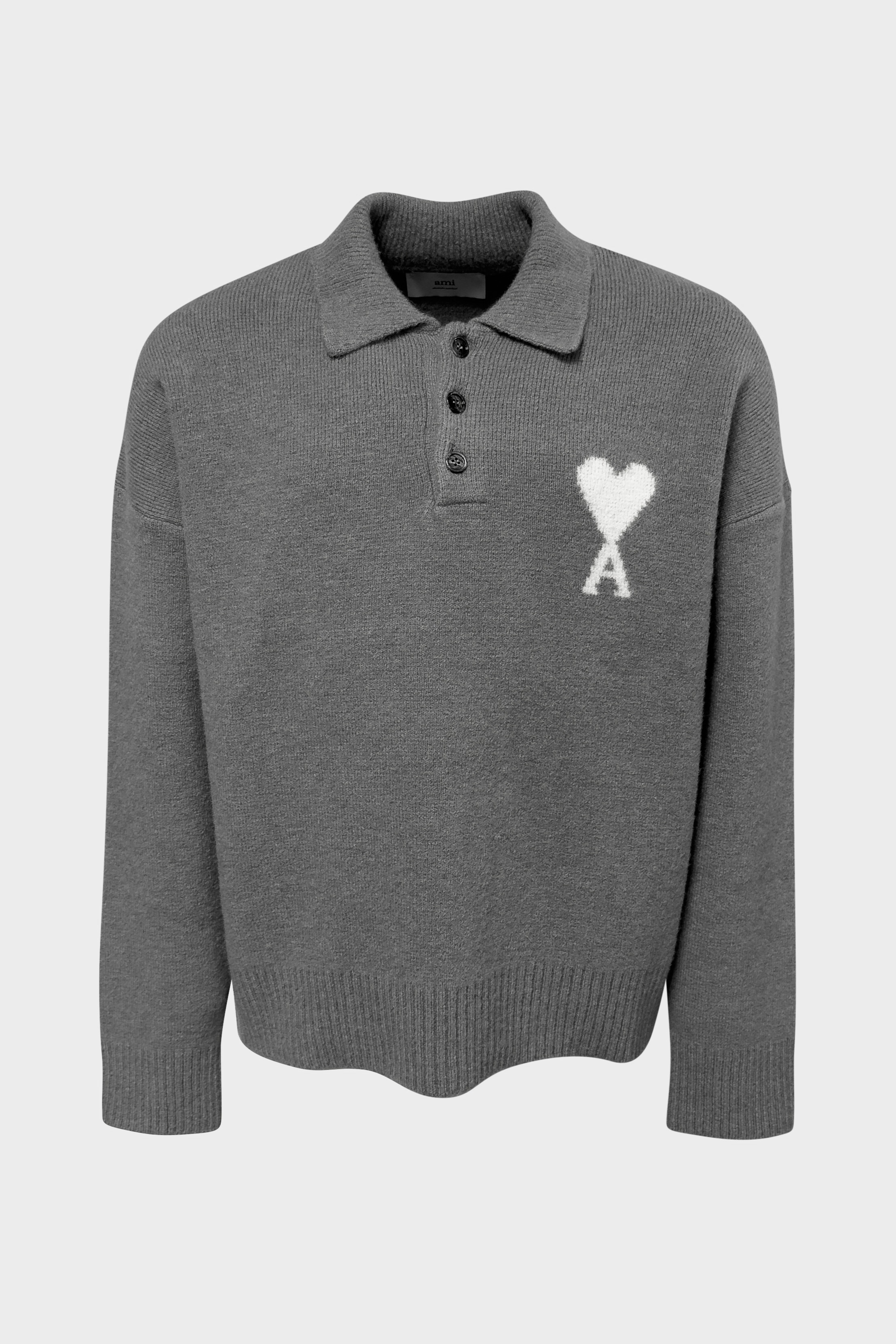 AMI PARIS de Coeur Polo Knit Pullover in Grey/Off White