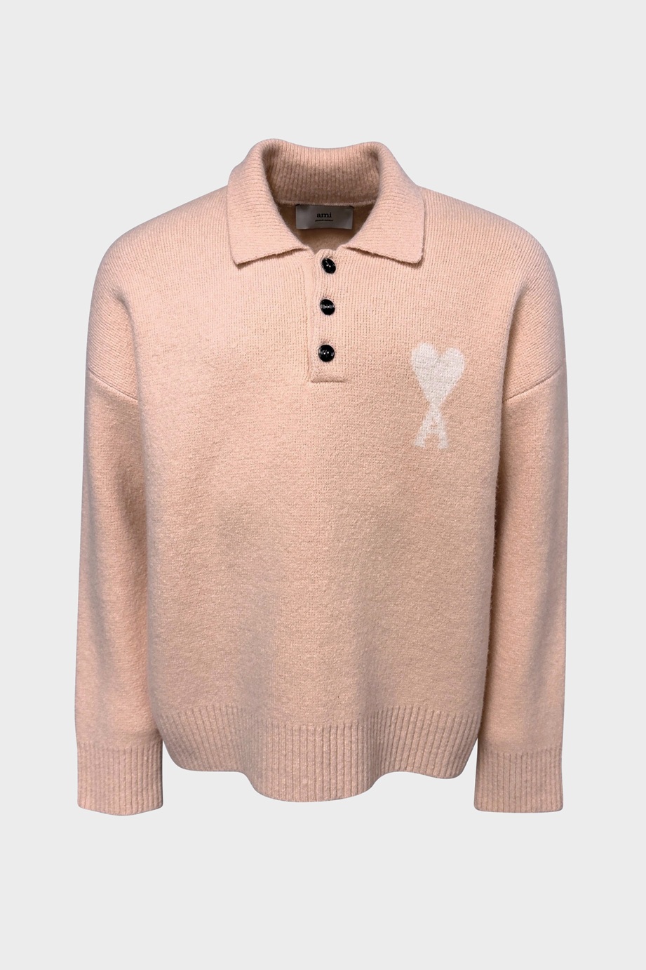 AMI PARIS de Coeur Polo Knit Pullover in Powder/Off White AMI PARIS de Coeur Polo Knit Pullover in Powder/Off White