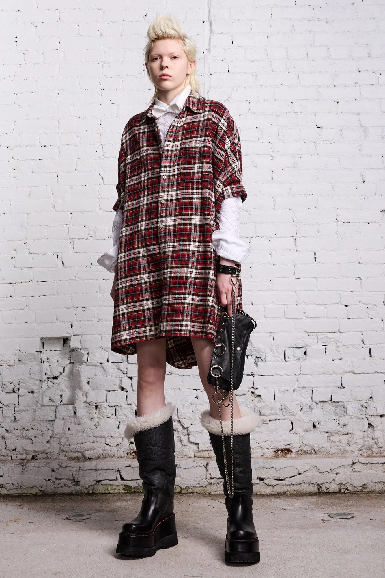 R13 Plaid Oversized Boxy Shirt Dress in Red/Ecru One Size