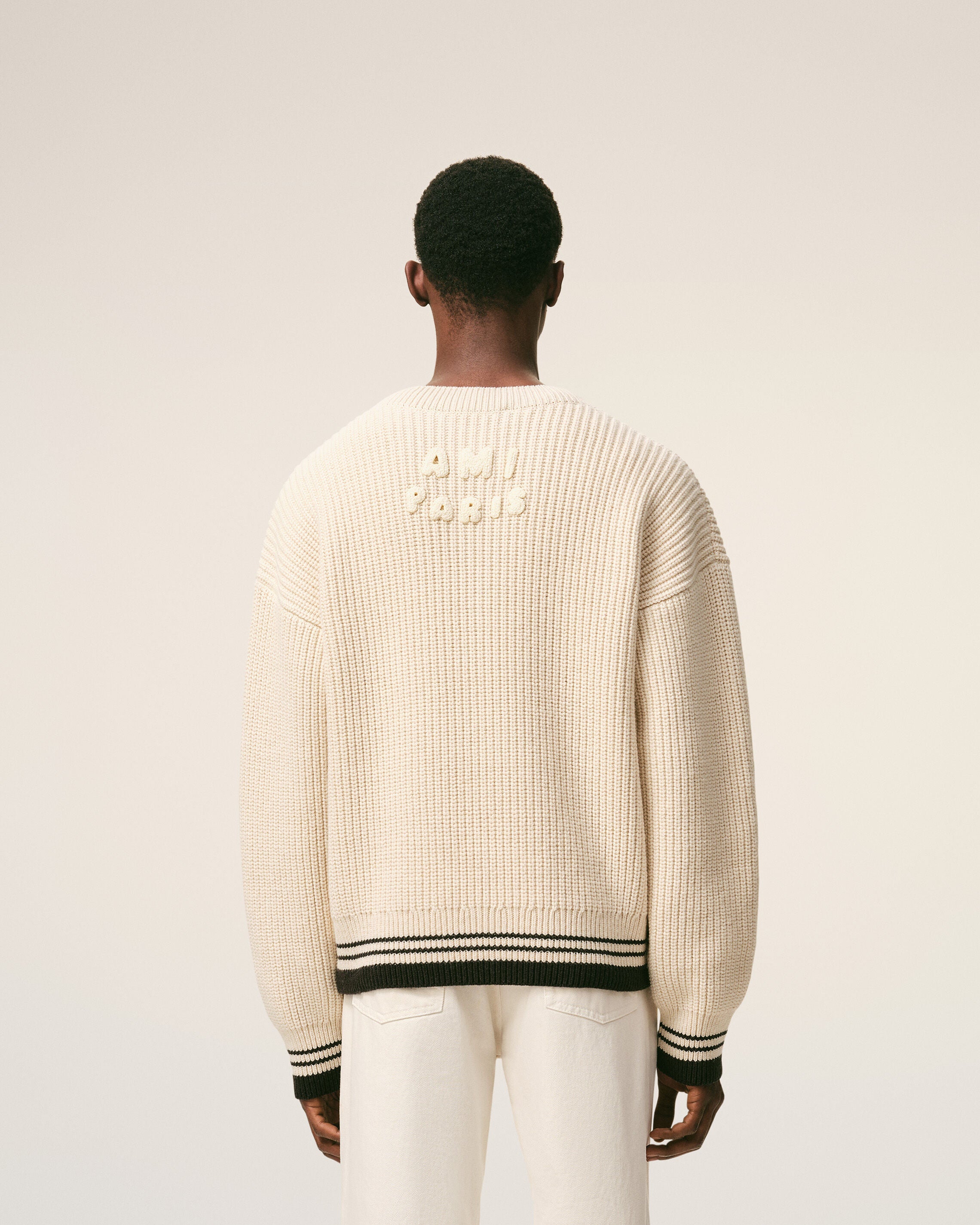 AMI PARIS de Coeur College Knit Pullover in White Cream
