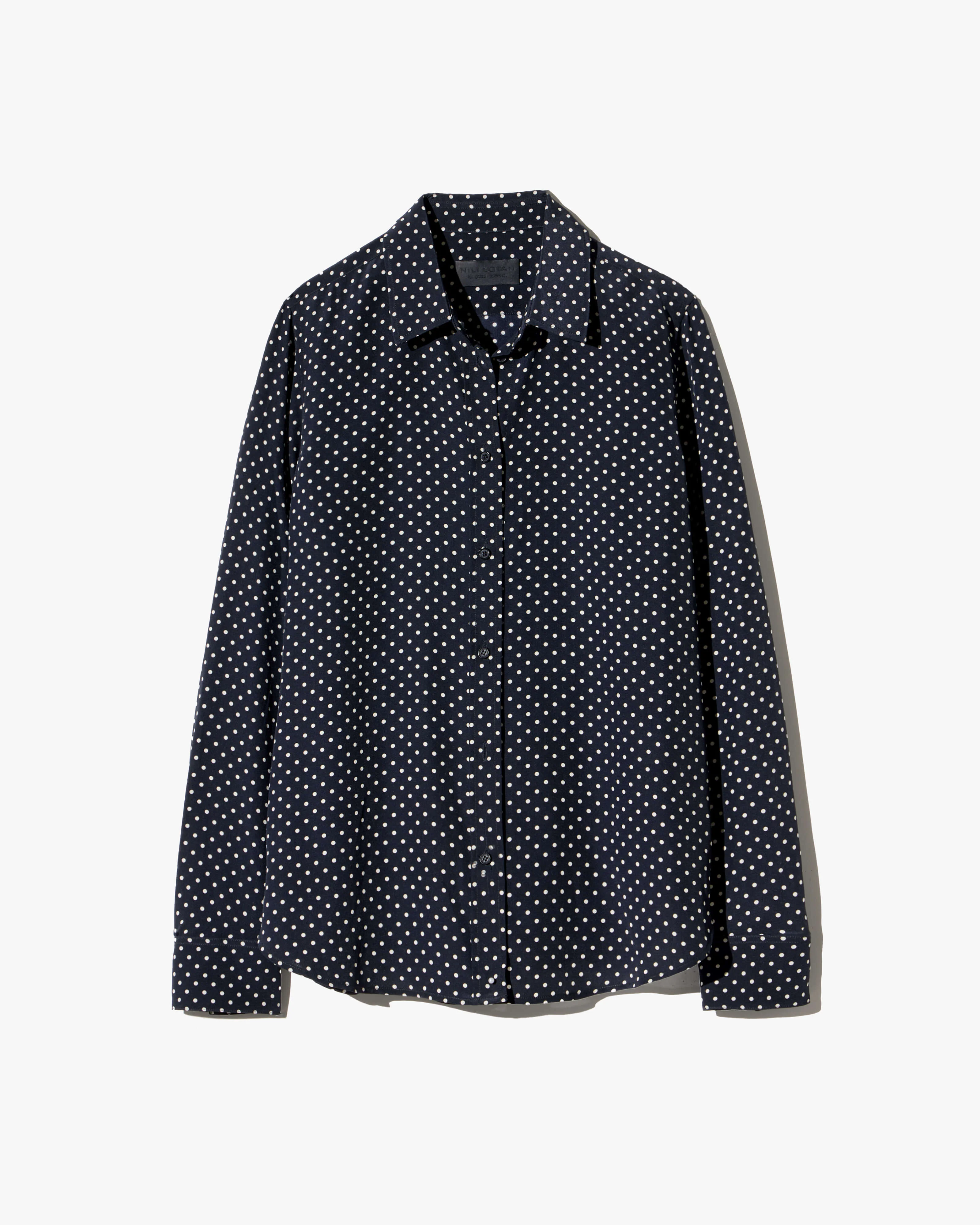 NILI LOTAN Gaia Silk Slim Shirt in Obsidian / Ivory Polka Dot