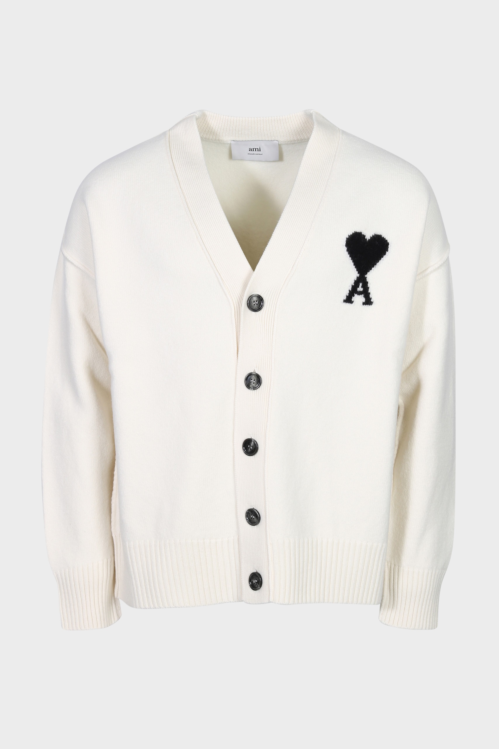 AMI PARIS de Coeur Knit Cardigan in Off White/Black AMI PARIS de Coeur Knit Cardigan in Off White/Black