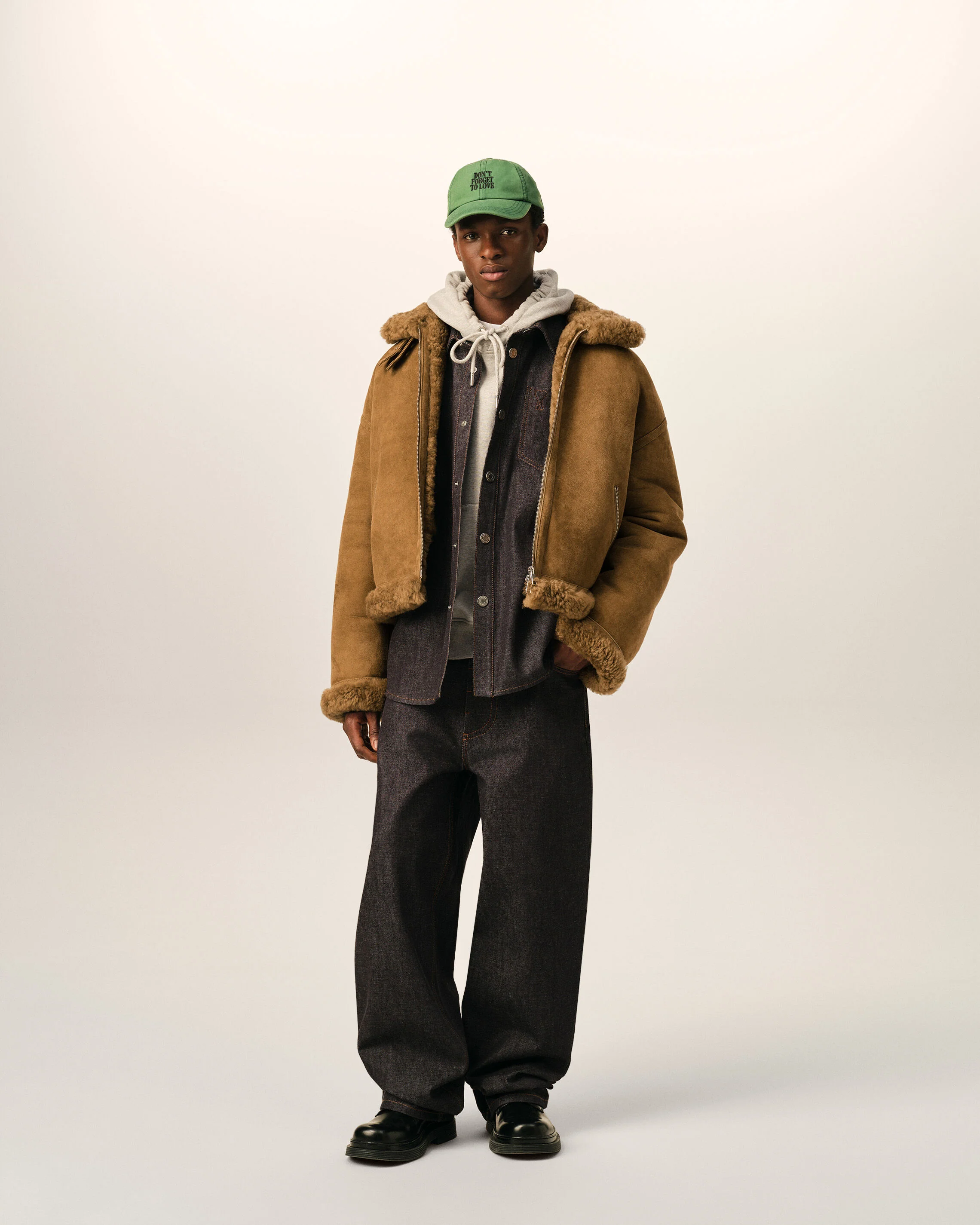 AMI PARIS Aviator Shearling Jacket in Mastic Beige