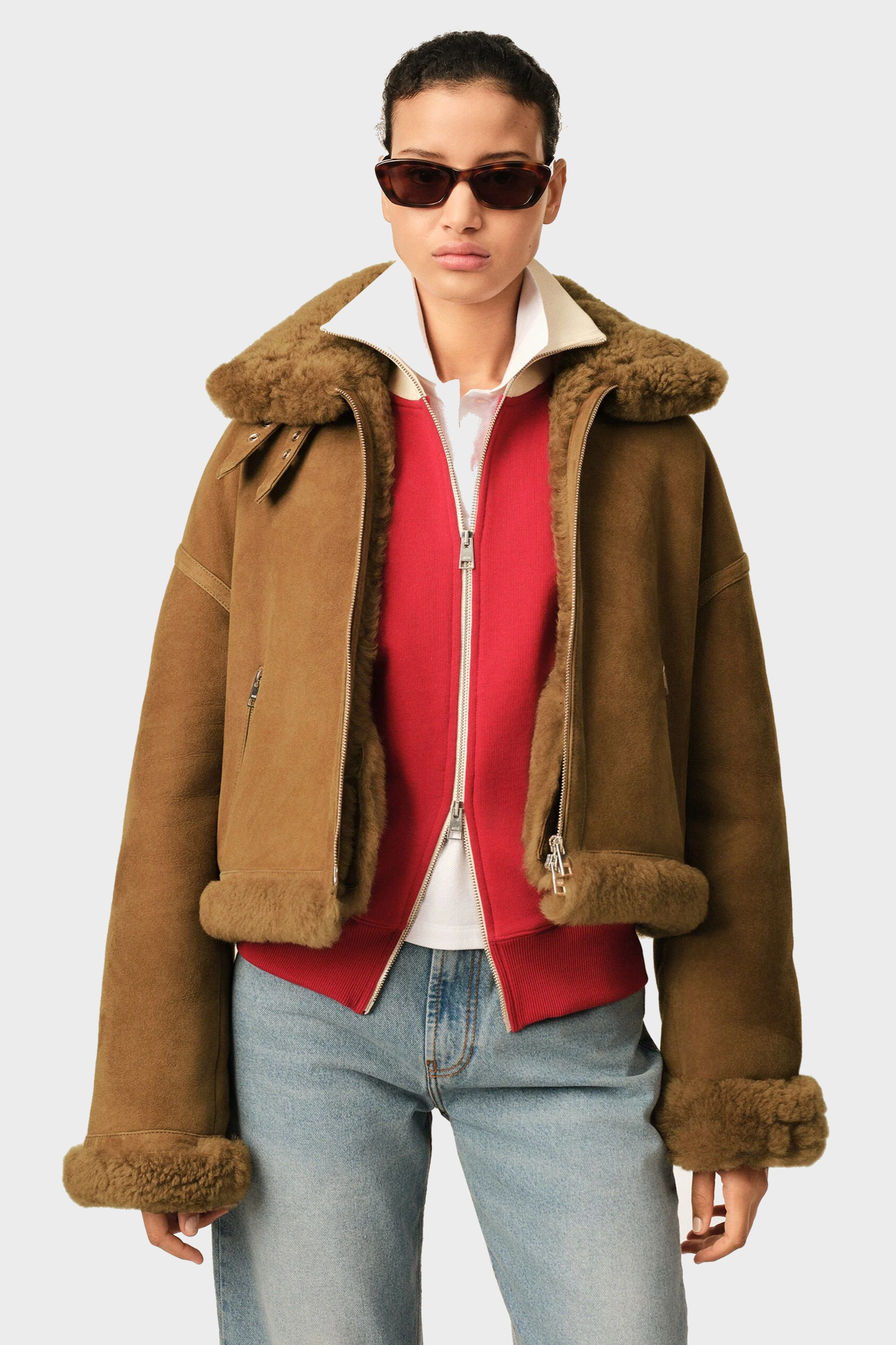 AMI PARIS Aviator Shearling Jacket in Mastic Beige
