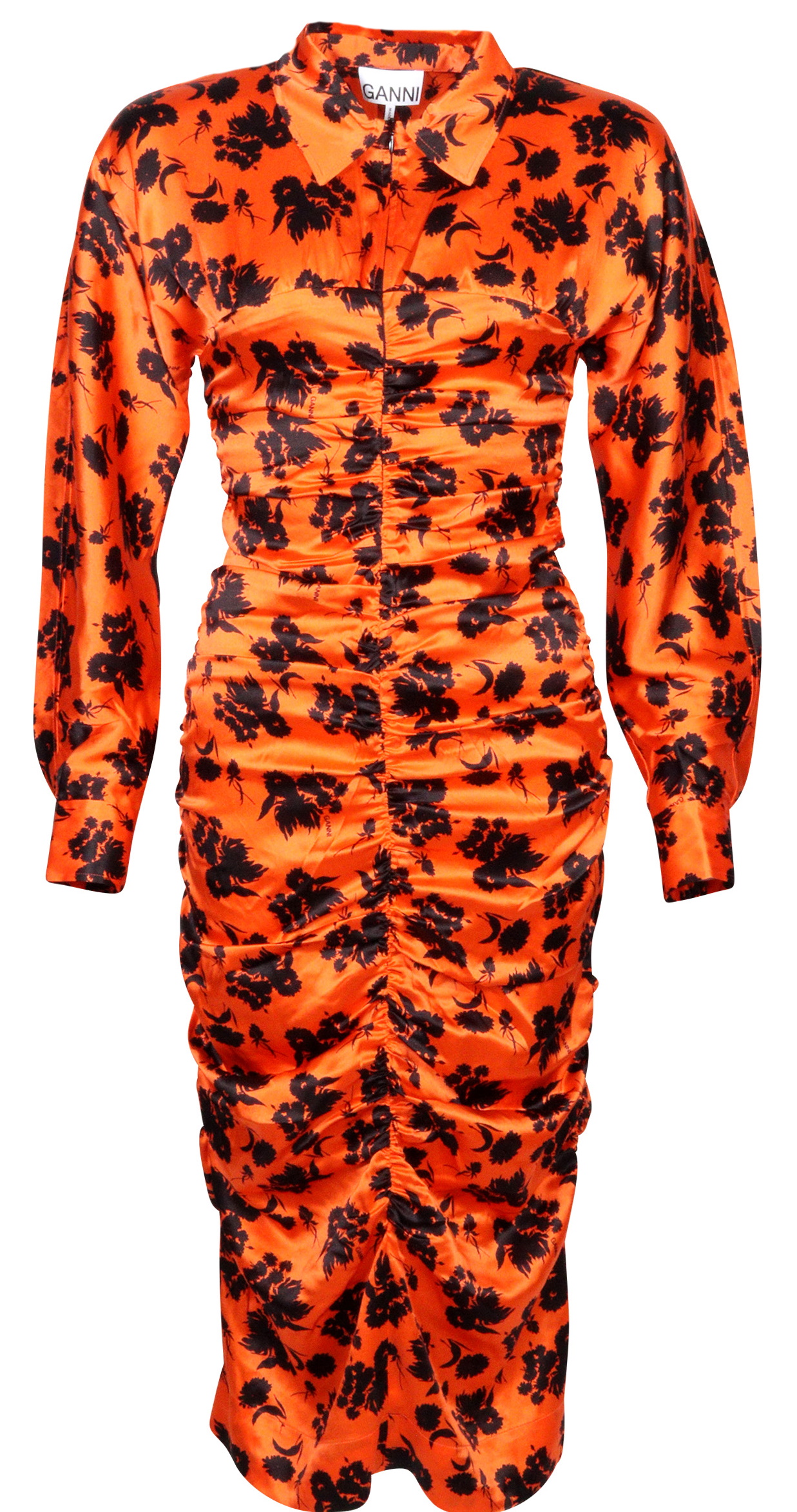 Ganni Silk Stretch Dress Orange/Black Printed