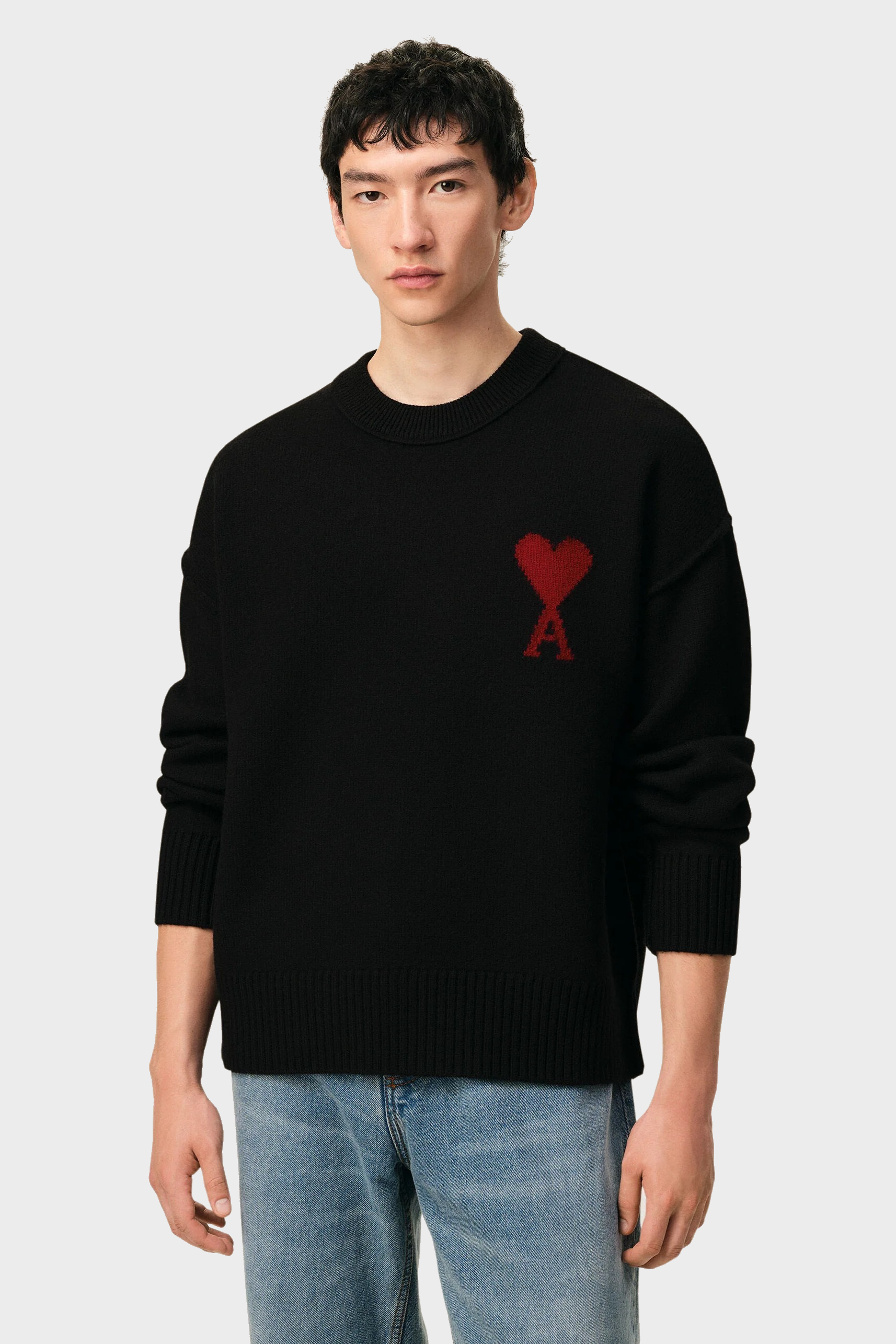 AMI PARIS de Coeur Heavy Knit Sweater in Black / Red