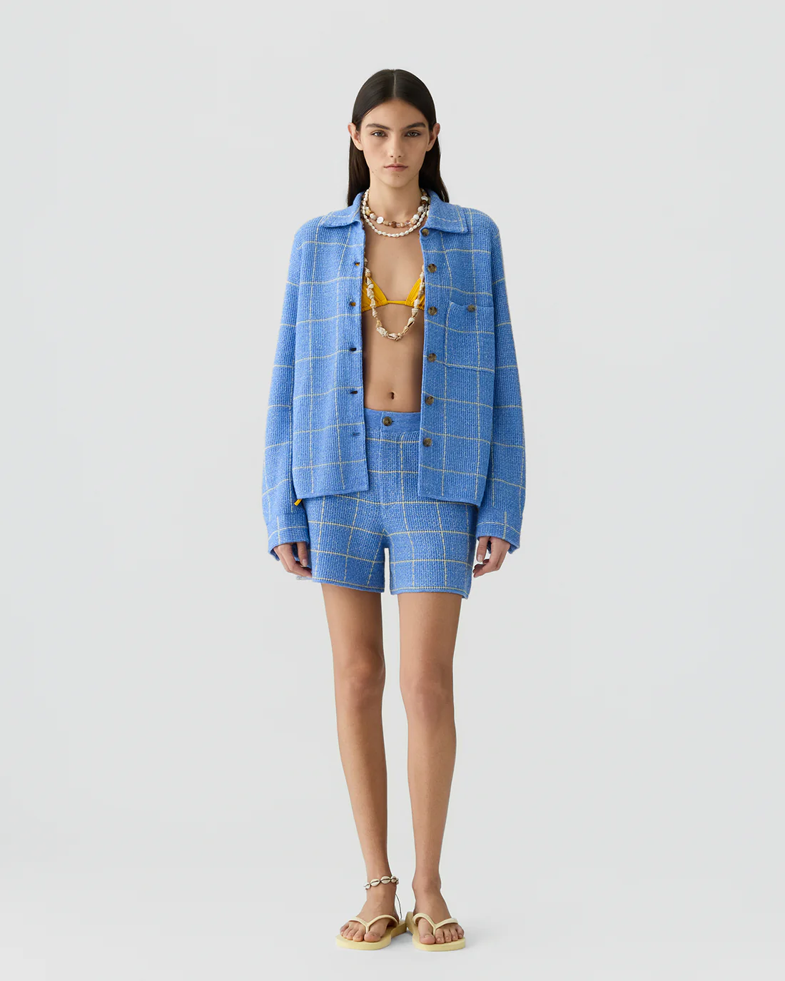 GUEST IN RESIDENCE Dylan Plaid Cashmere/Linen Shirt in Blue/Butter