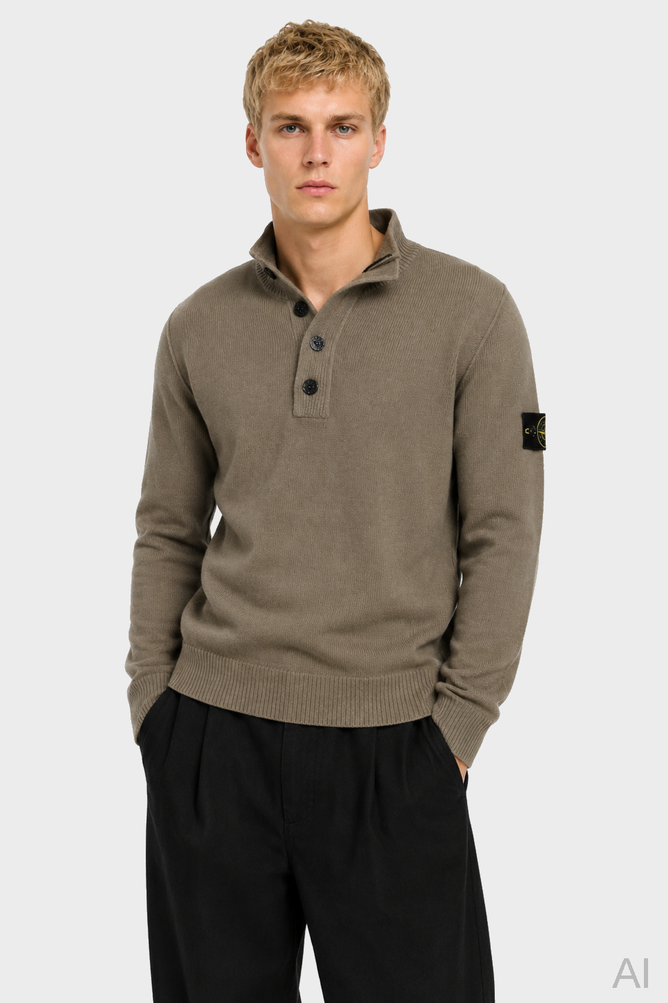 STONE ISLAND Heavy Knit Half Zip Pullover in Light Olive XXL