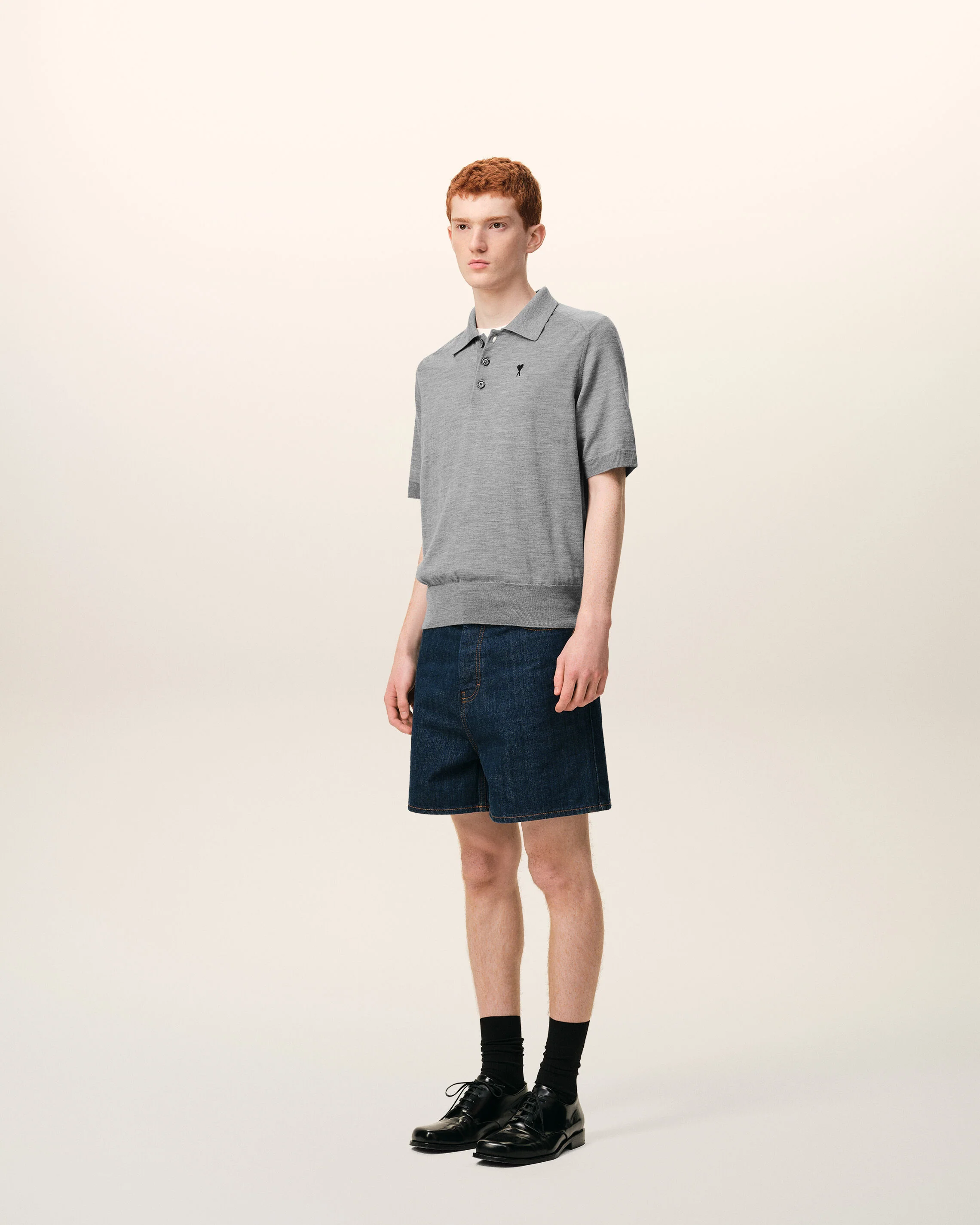 AMI PARIS de Coeur Extrafine Knit Poloshirt in Heather Grey/Black