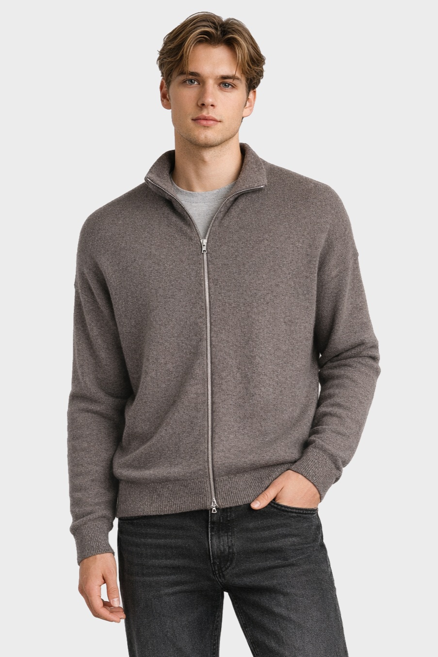 YACAIA Wool/Cashmere Zip Sweater in Brown Melange