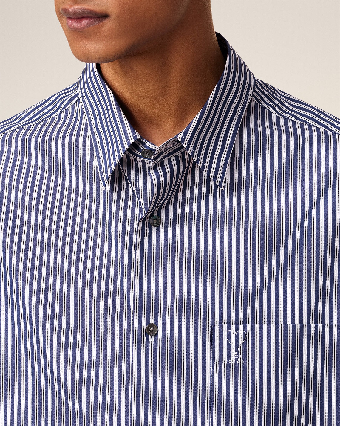AMI PARIS de Coeur Embossed Boxy Fit Shirt in Royal Blue/White/Black Stripe