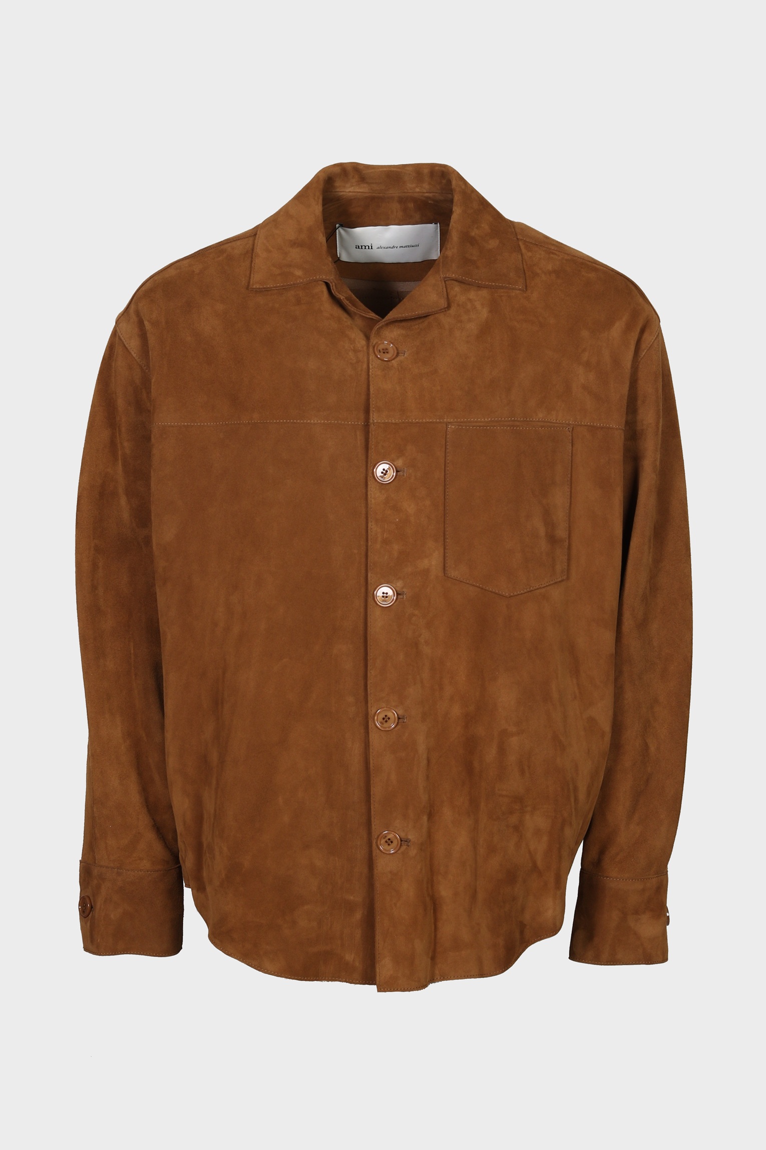 AMI PARIS de Coeur Goat Suede Boxy Fit Leather Overshirt in Tabacco