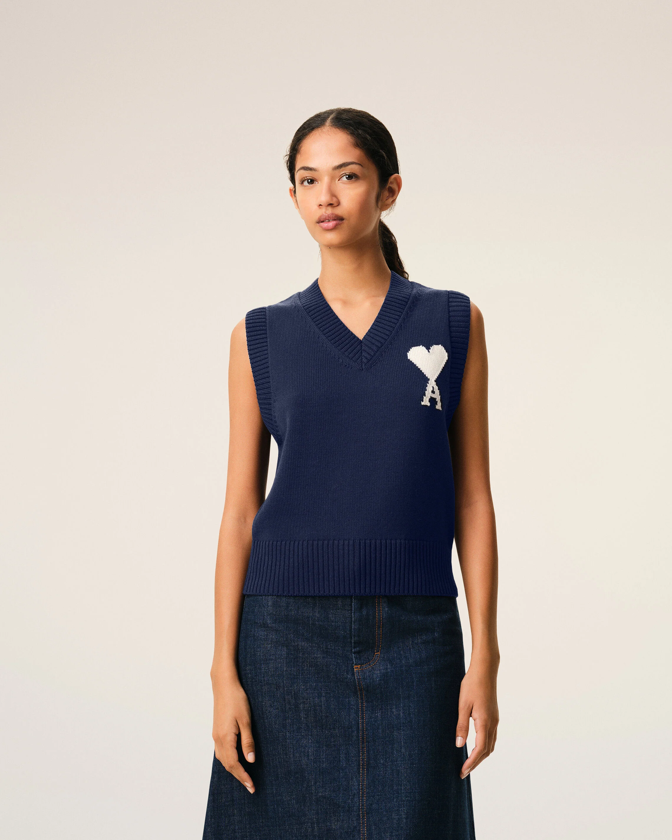AMI PARIS de Coeur Wool/Cotton Knit Vest in Navy