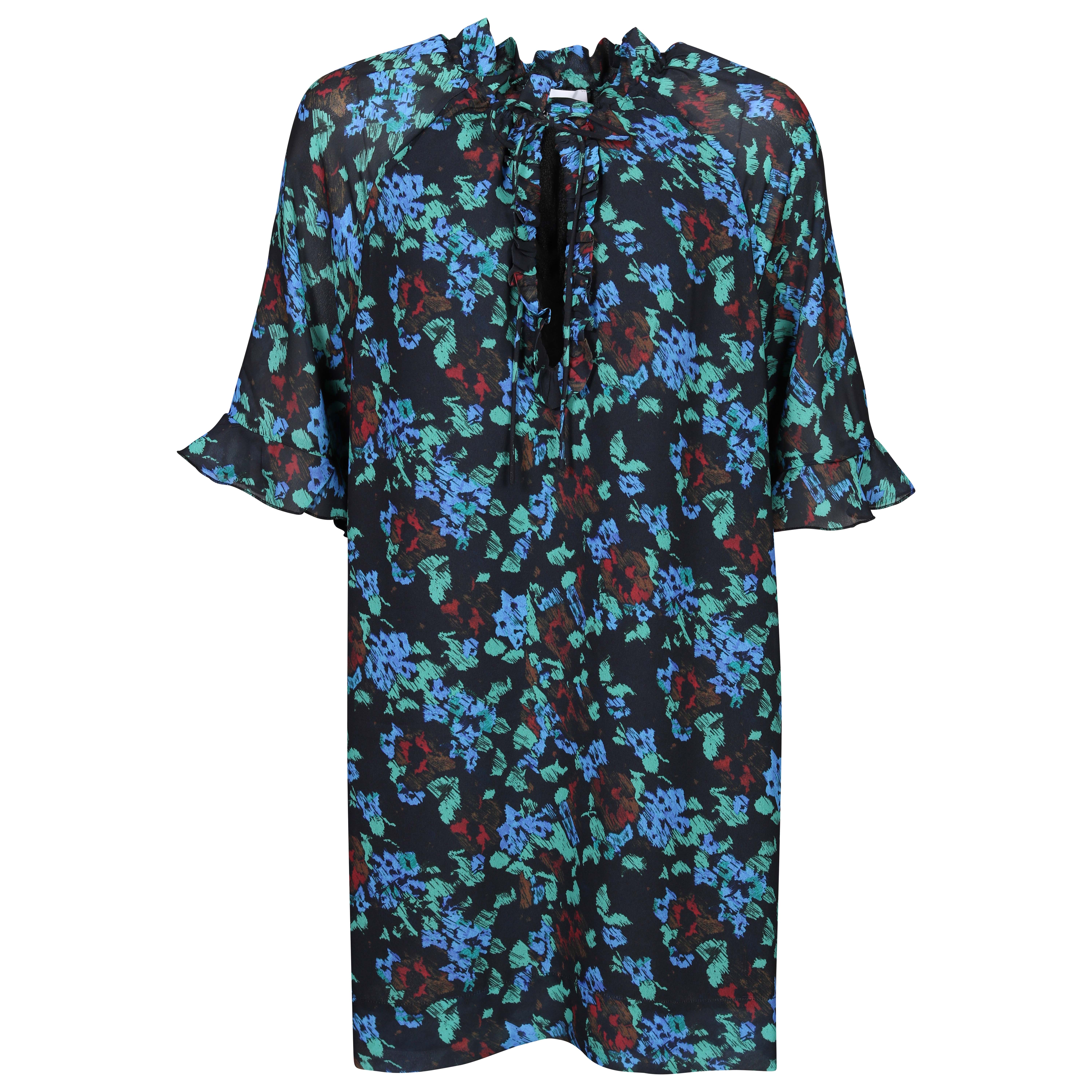 Ganni Printed Light Crepe Ruffle V-Neck Raglan Dress in Meadow Azure Blue 36