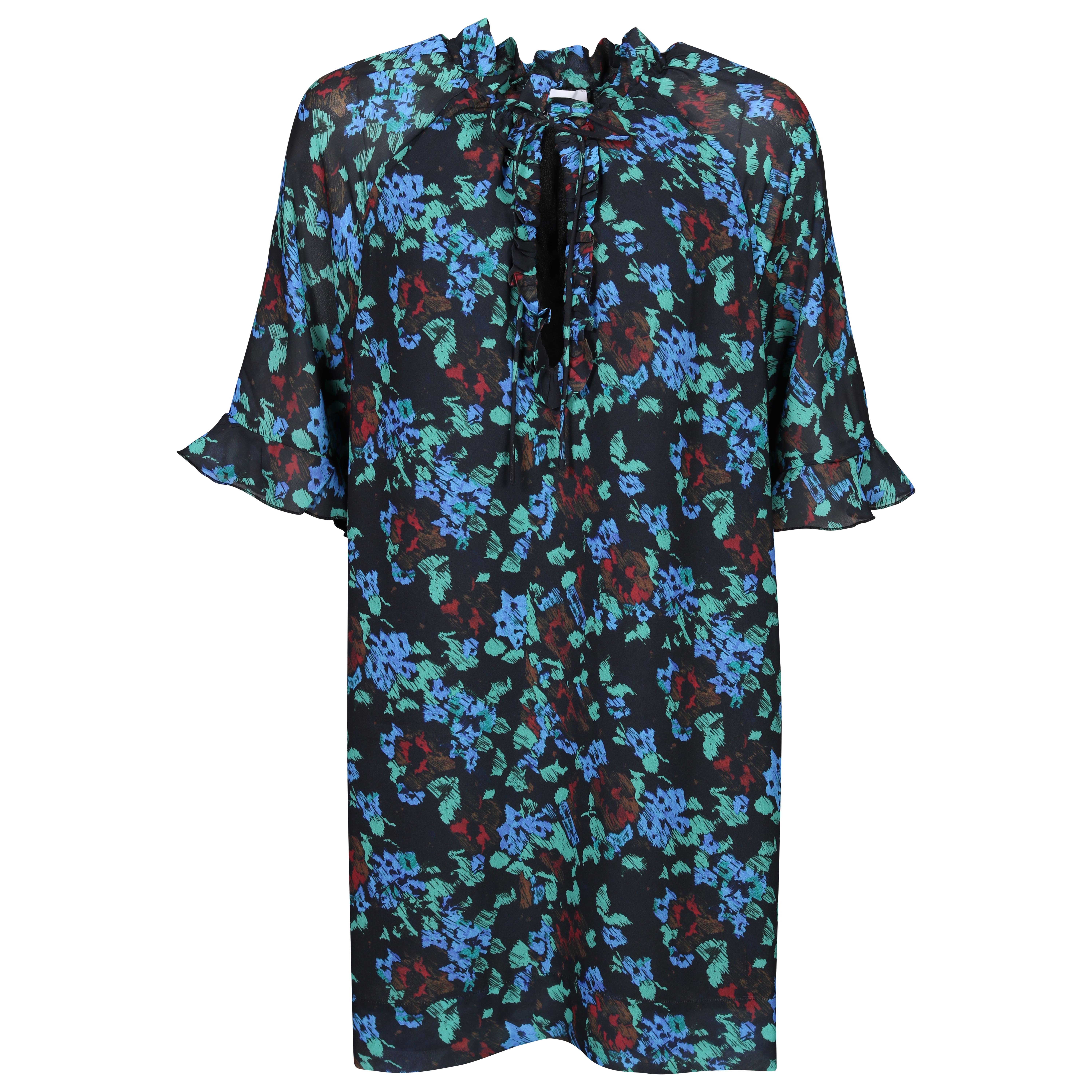 Ganni Printed Light Crepe Ruffle V-Neck Raglan Dress in Meadow Azure Blue Ganni Printed Light Crepe Ruffle V-Neck Raglan Dress in Meadow Azure Blue