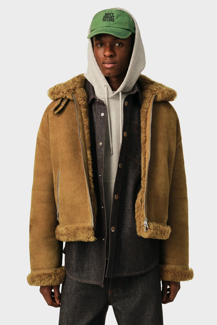 AMI PARIS Aviator Shearling Jacket in Mastic Beige