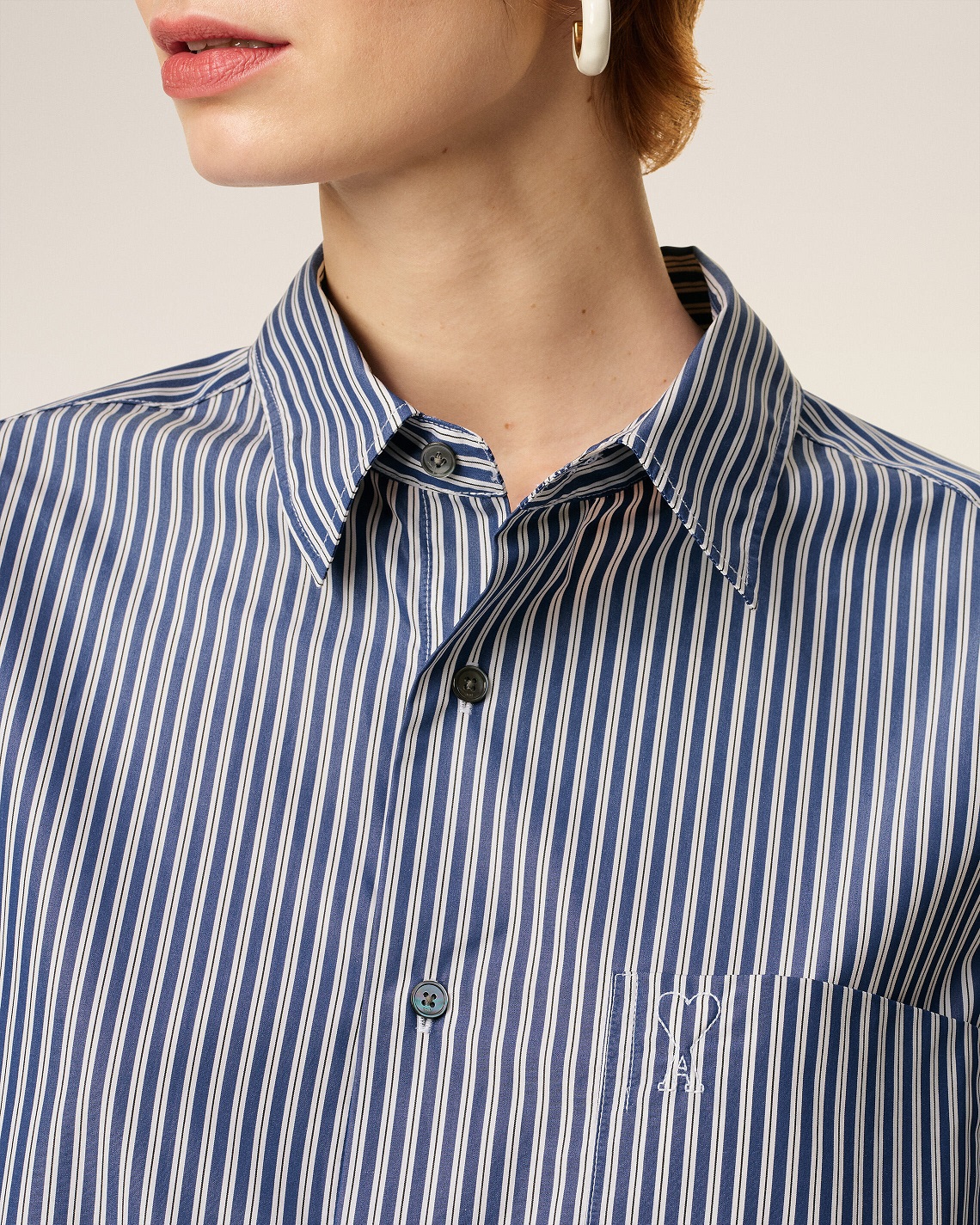 AMI PARIS de Coeur Embossed Boxy Fit Shirt in Royal Blue/White/Black Stripe