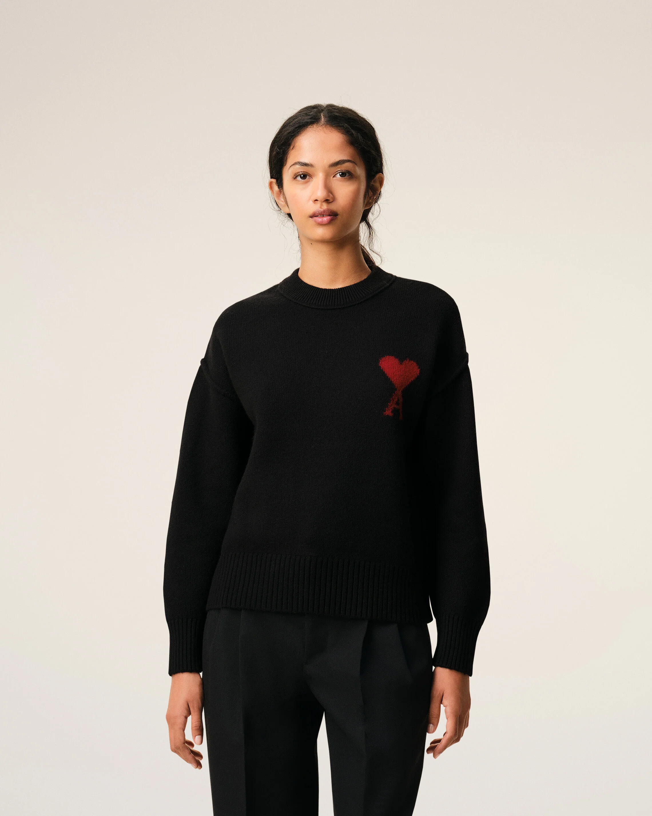 AMI PARIS de Coeur Heavy Knit Sweater in Black / Red