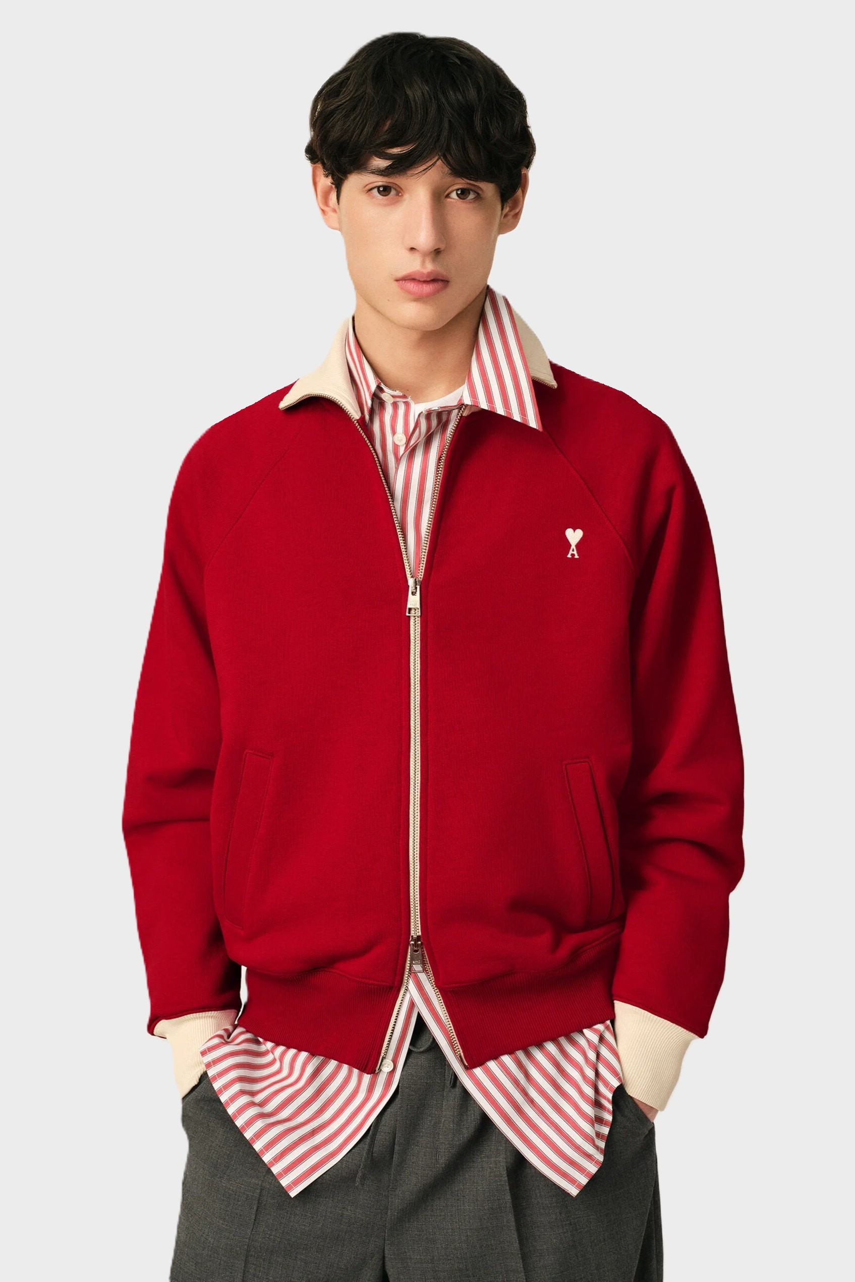 AMI PARIS de Coeur Bicolor Zip Sweater in Ruby Red / Ivory