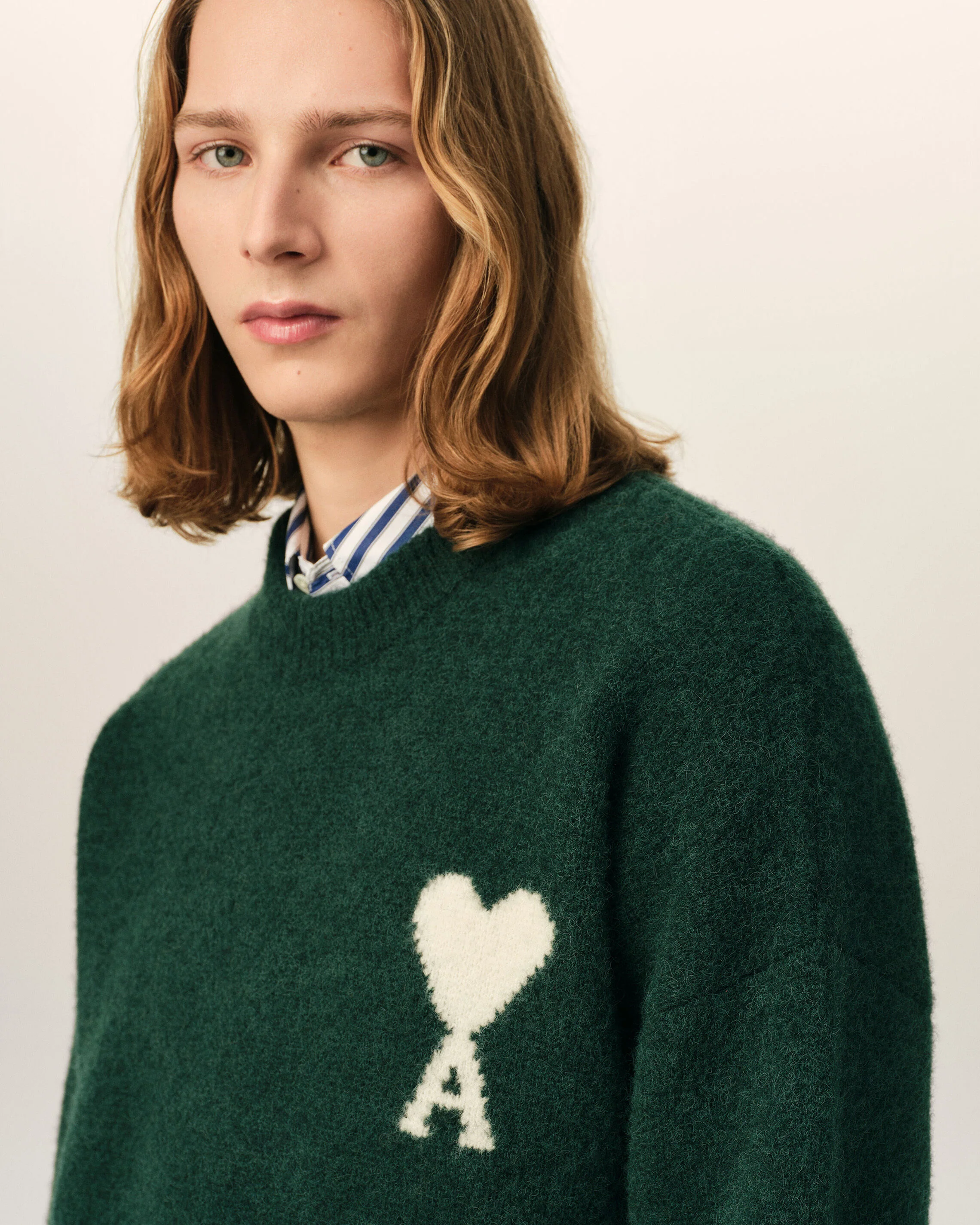 AMI PARIS de Coeur Heavy Knit Sweater in Bottle Green / Off White XXL