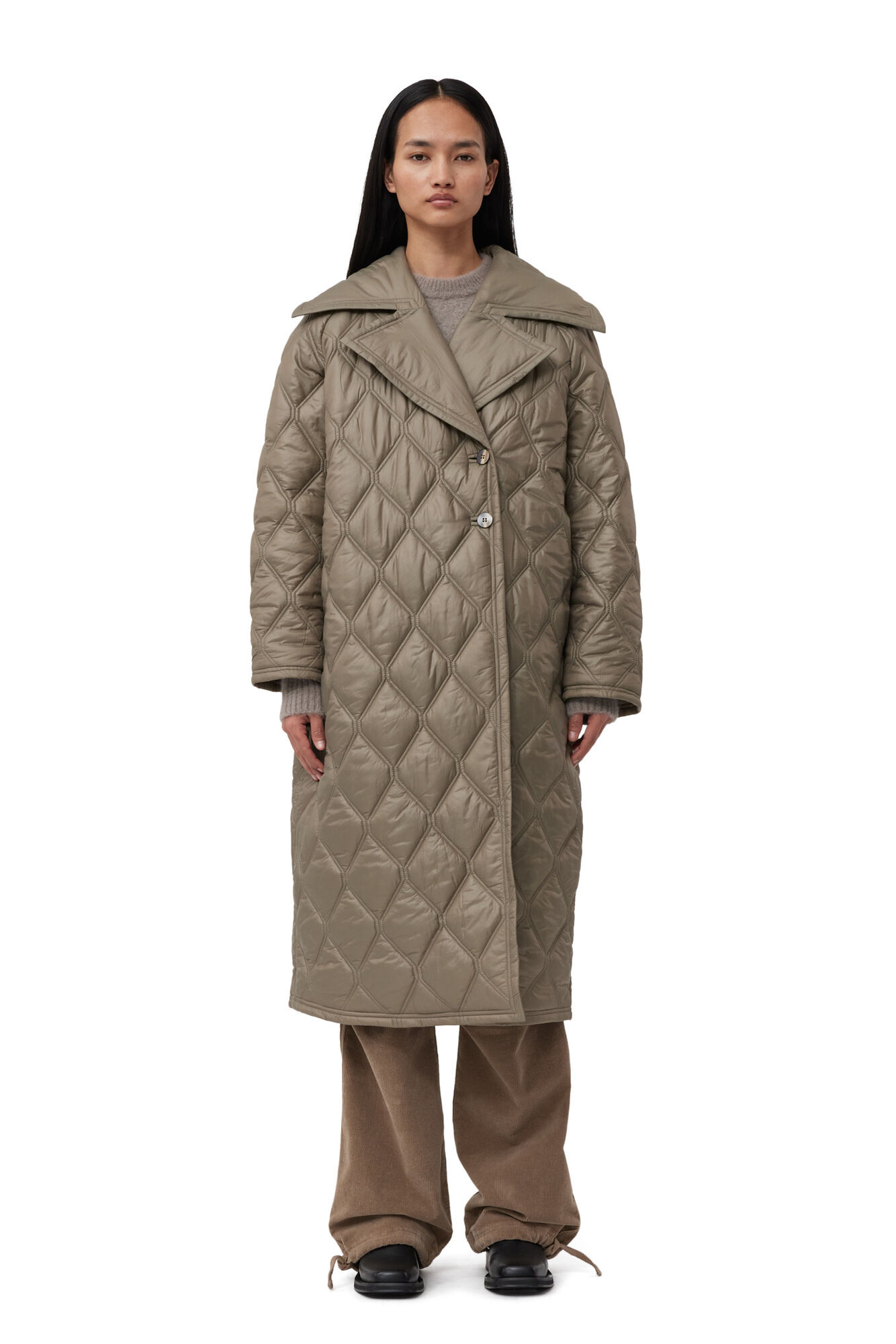 GANNI Shiny Quilt Coat in Light Olive 38