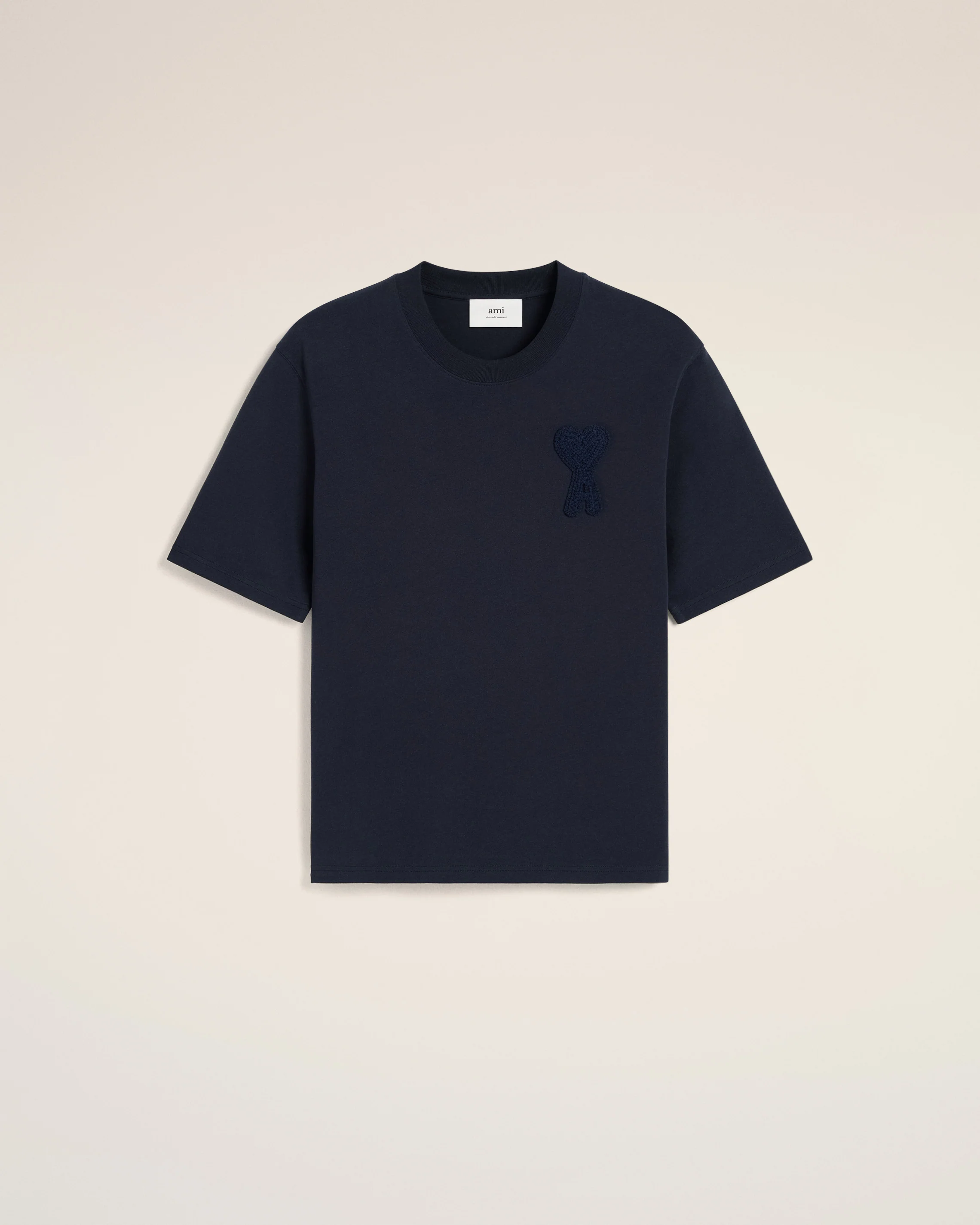 AMI PARIS de Coeur Boxy Fit Knitted Logo T-Shirt in Navy Blue AMI PARIS de Coeur Boxy Fit Knitted Logo T-Shirt in Navy Blue XS