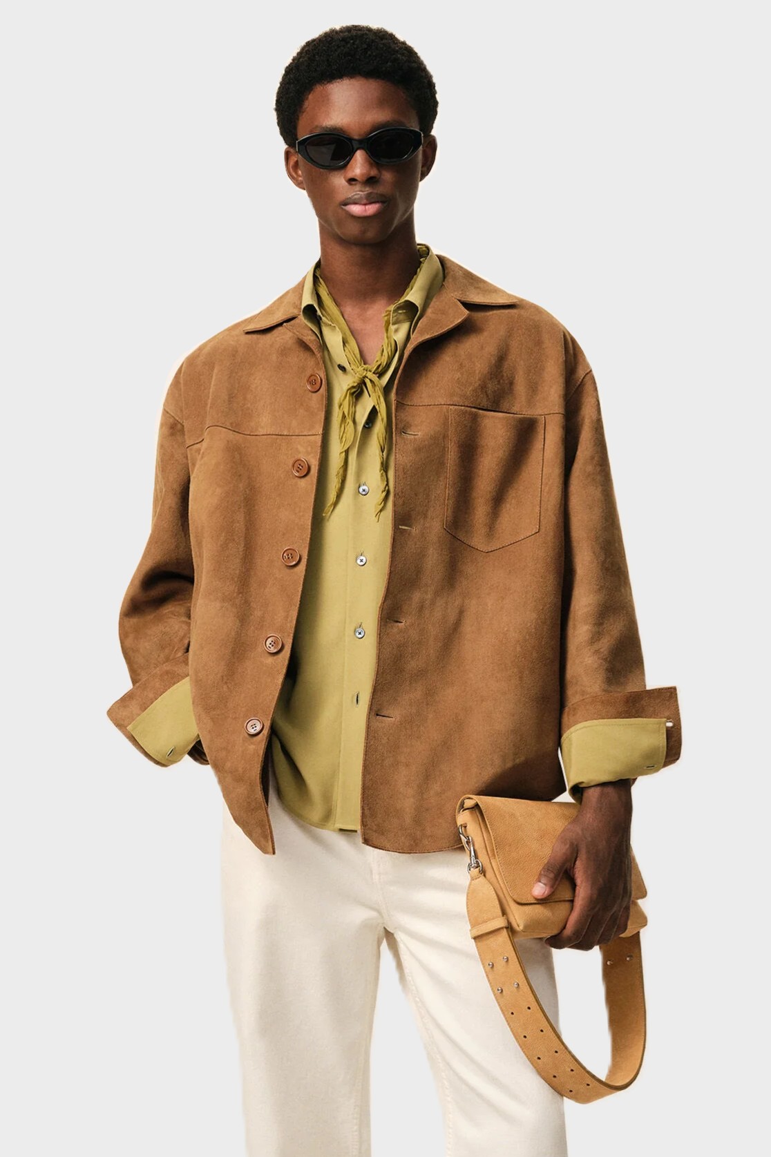 AMI PARIS de Coeur Goat Suede Boxy Fit Leather Overshirt in Tabacco