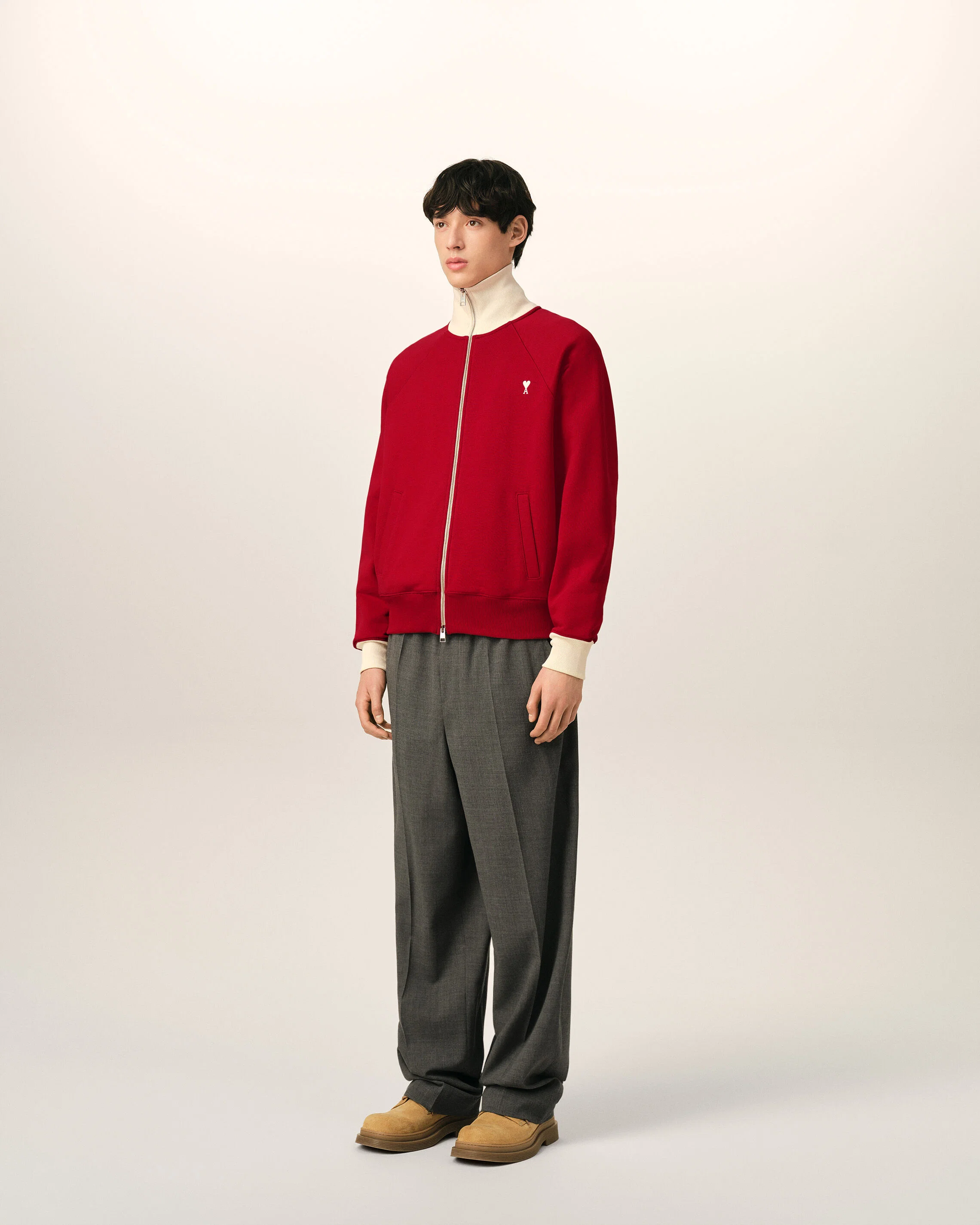 AMI PARIS de Coeur Bicolor Zip Sweater in Ruby Red / Ivory