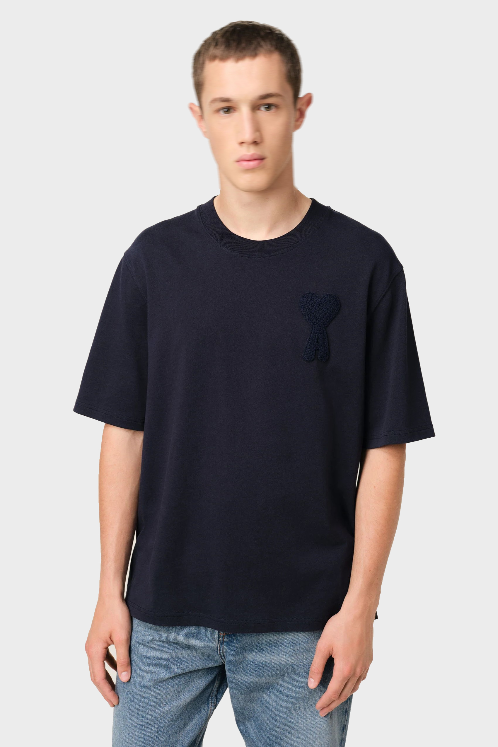 AMI PARIS de Coeur Boxy Fit Knitted Logo T-Shirt in Navy Blue AMI PARIS de Coeur Boxy Fit Knitted Logo T-Shirt in Navy Blue XS