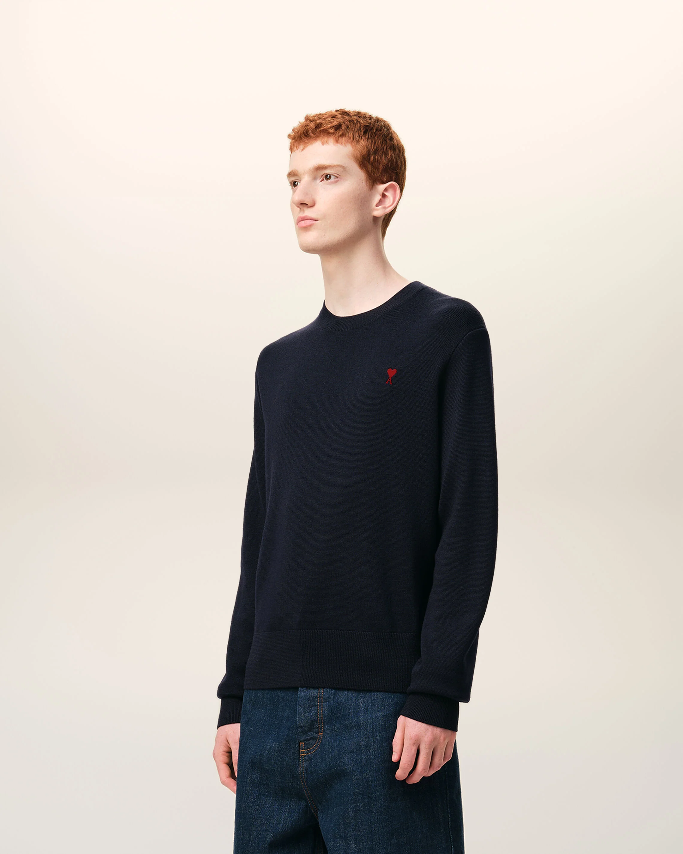 AMI PARIS de Coeur Merino Knit Pullover in Navy/Red Logo
