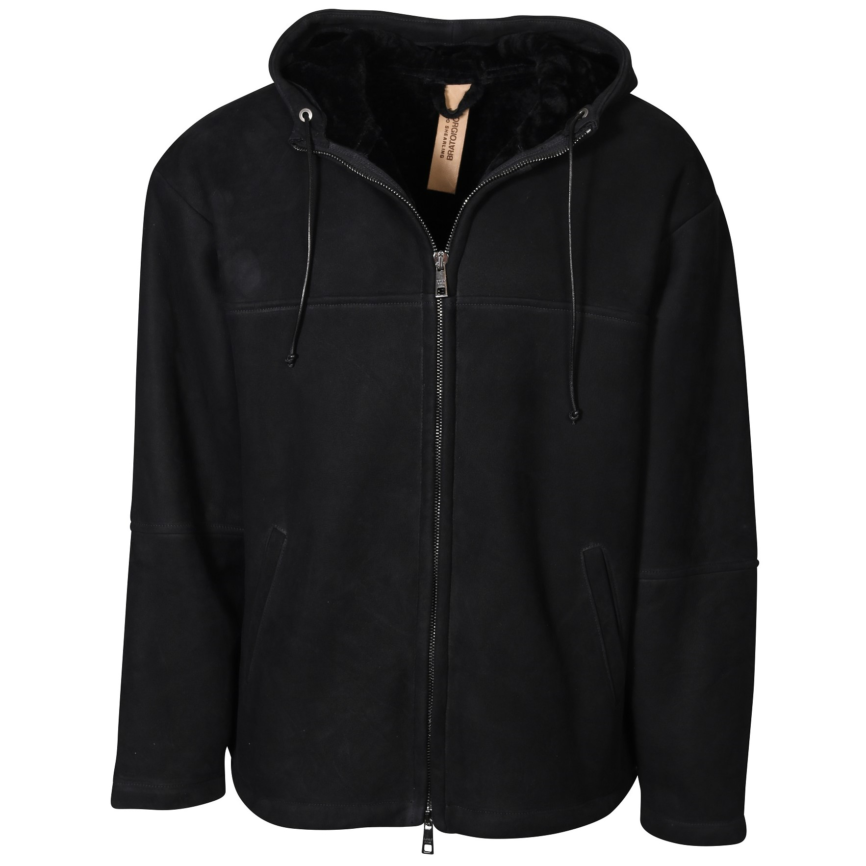 GIORGIO BRATO Hooded Shearling Jacket in Black 48