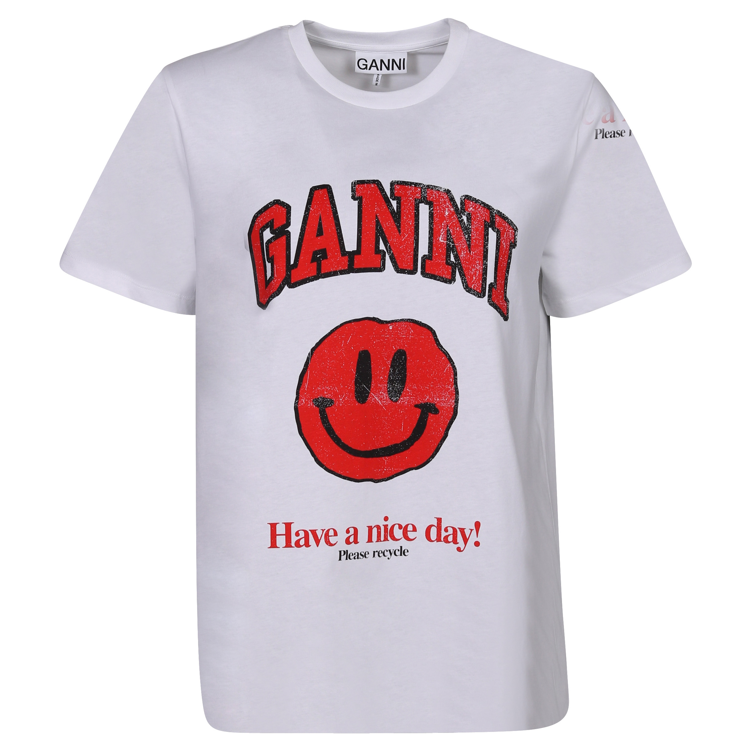Ganni Organic Cotton T-Shirt Smiley White/Red Printed