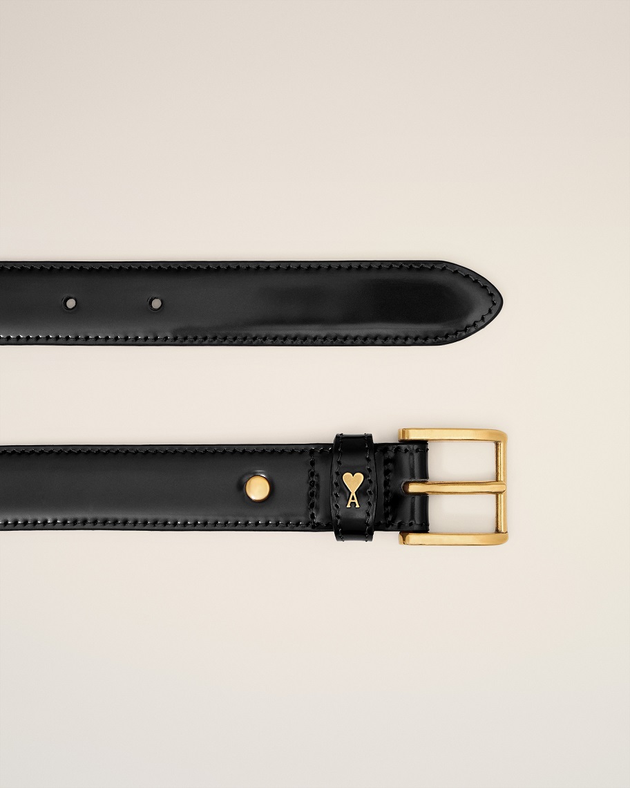 AMI PARIS Glazed Leather Belt in Black/Gold