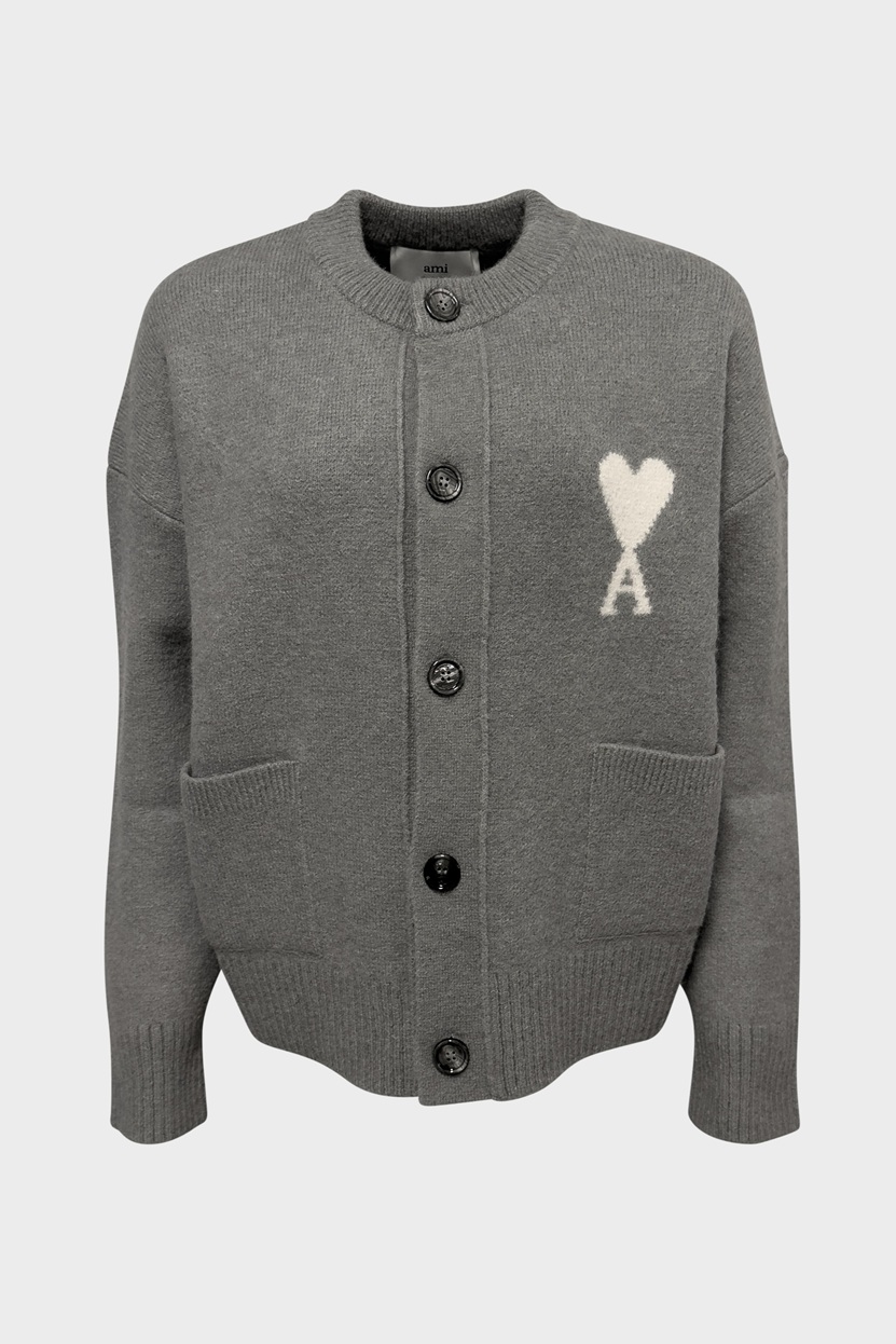AMI PARIS de Coeur Crew Neck Knit Cardigan in Grey/Off White AMI PARIS de Coeur Crew Neck Knit Cardigan in Grey/Off White