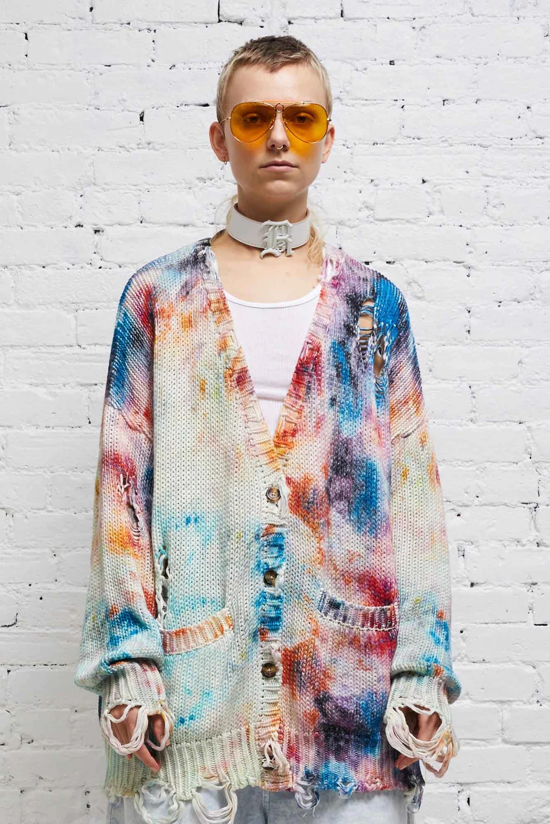 R13 Printed Tie-Dye Cotton Knit Cardigan in Multicolor