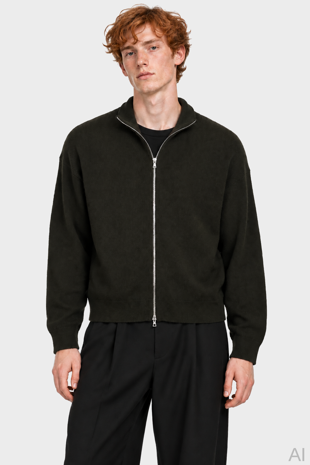 YACAIA Oversize Zip Merino/Cashmere Sweater in Dark Green
