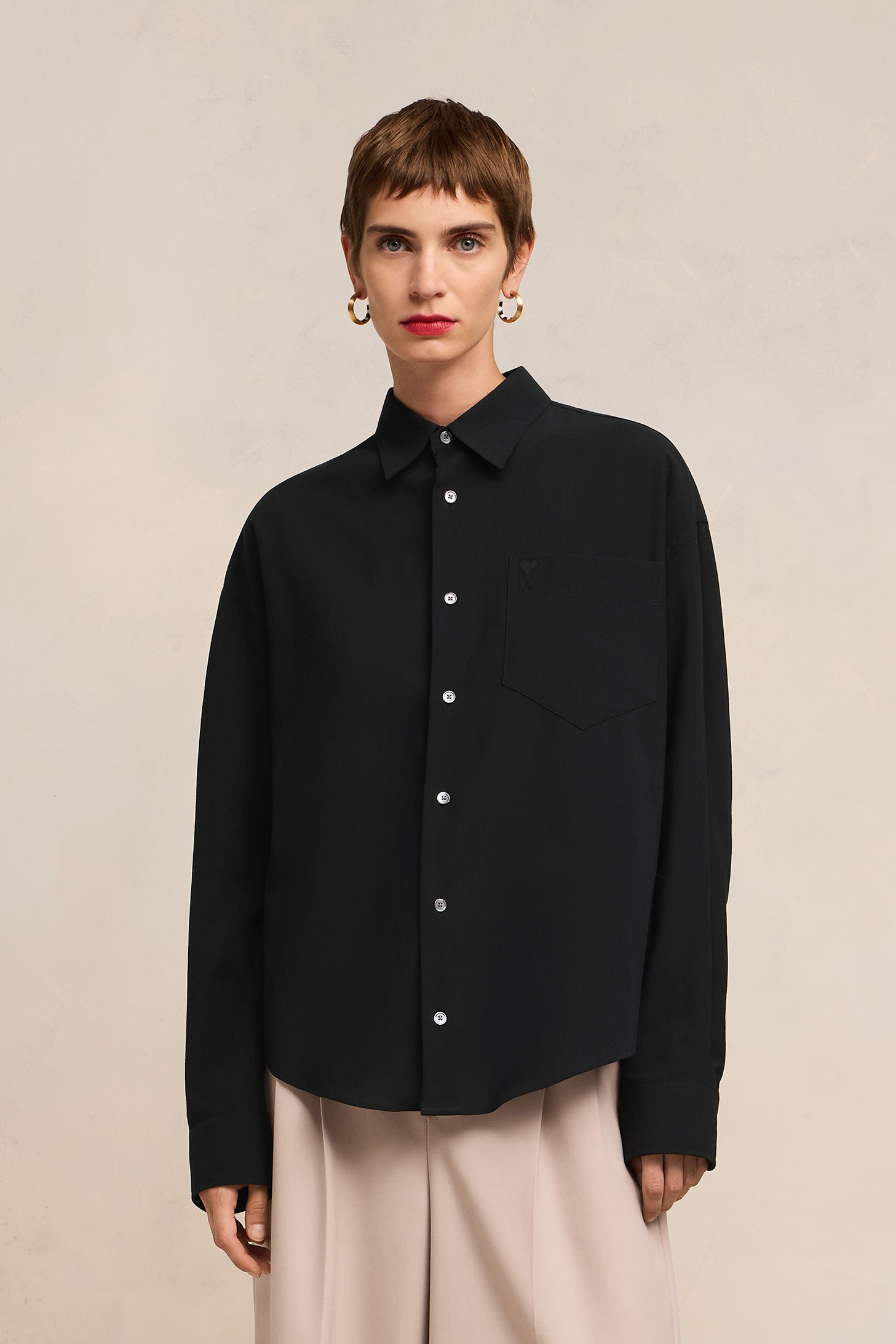 AMI PARIS De Coeur Cotton Crepe Shirt in Black L