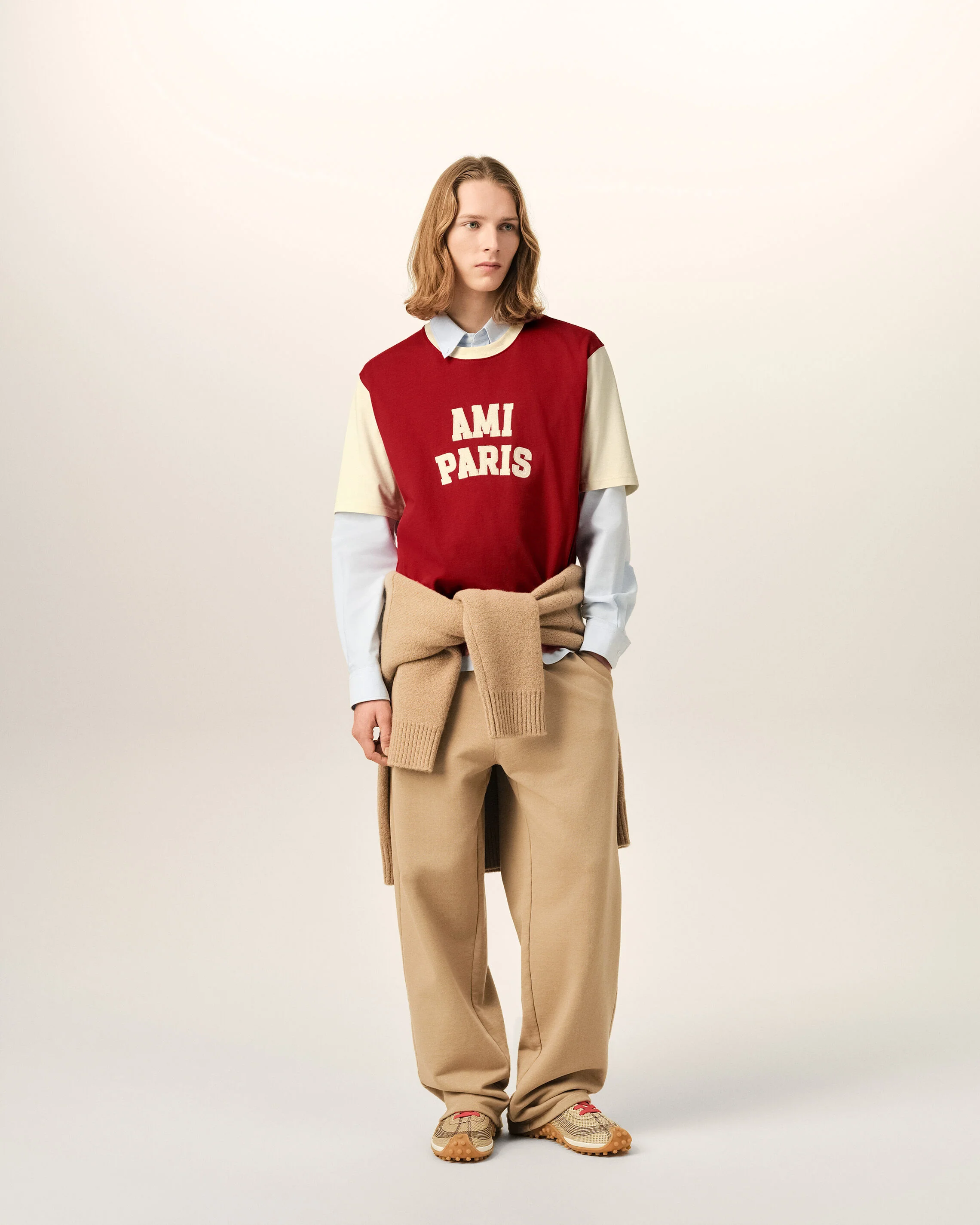 AMI PARIS Varsity T-Shirt in Ruby Red / Ivory
