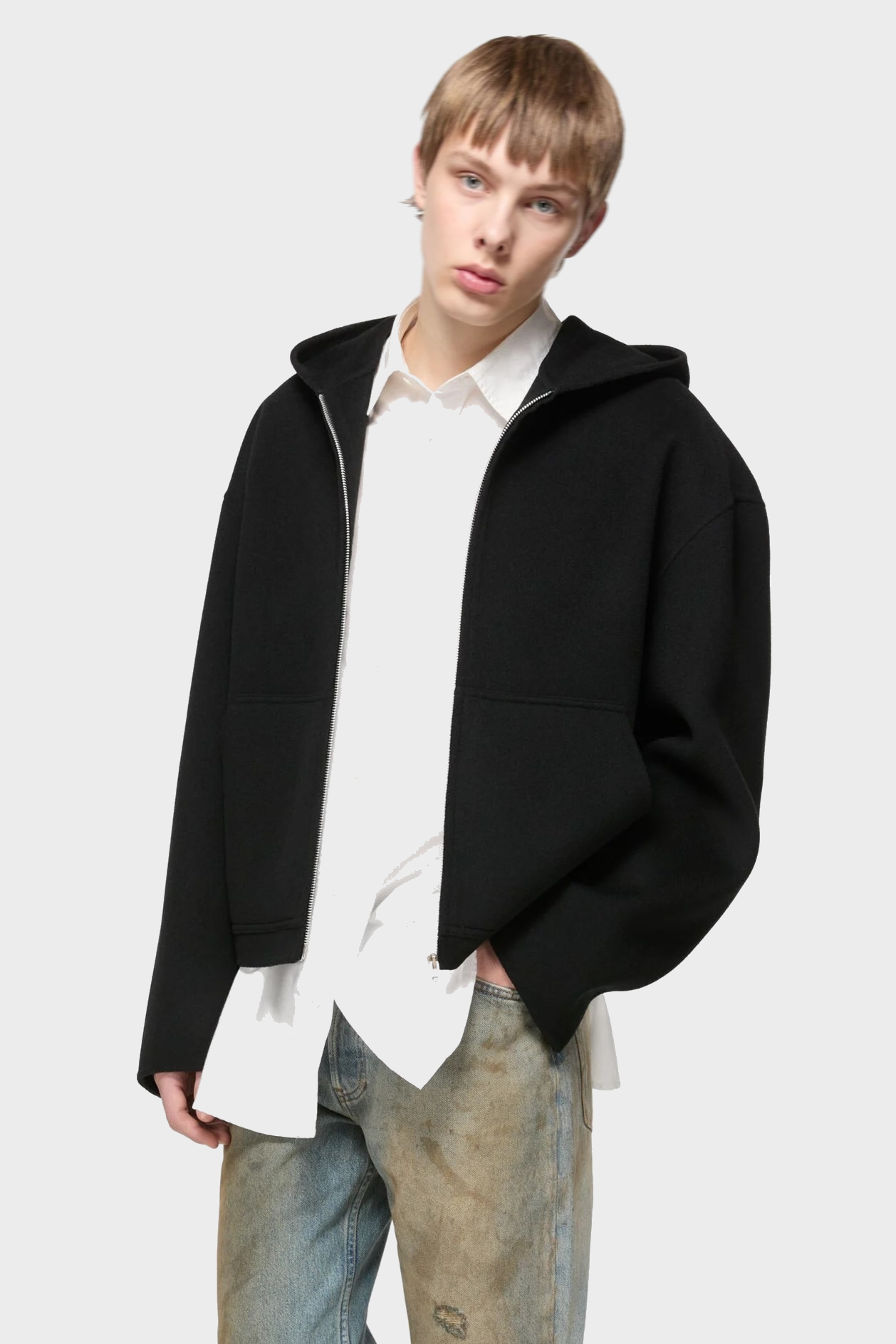 ACNE STUDIOS Hooded Boxy Fit Wool Jacket in Black