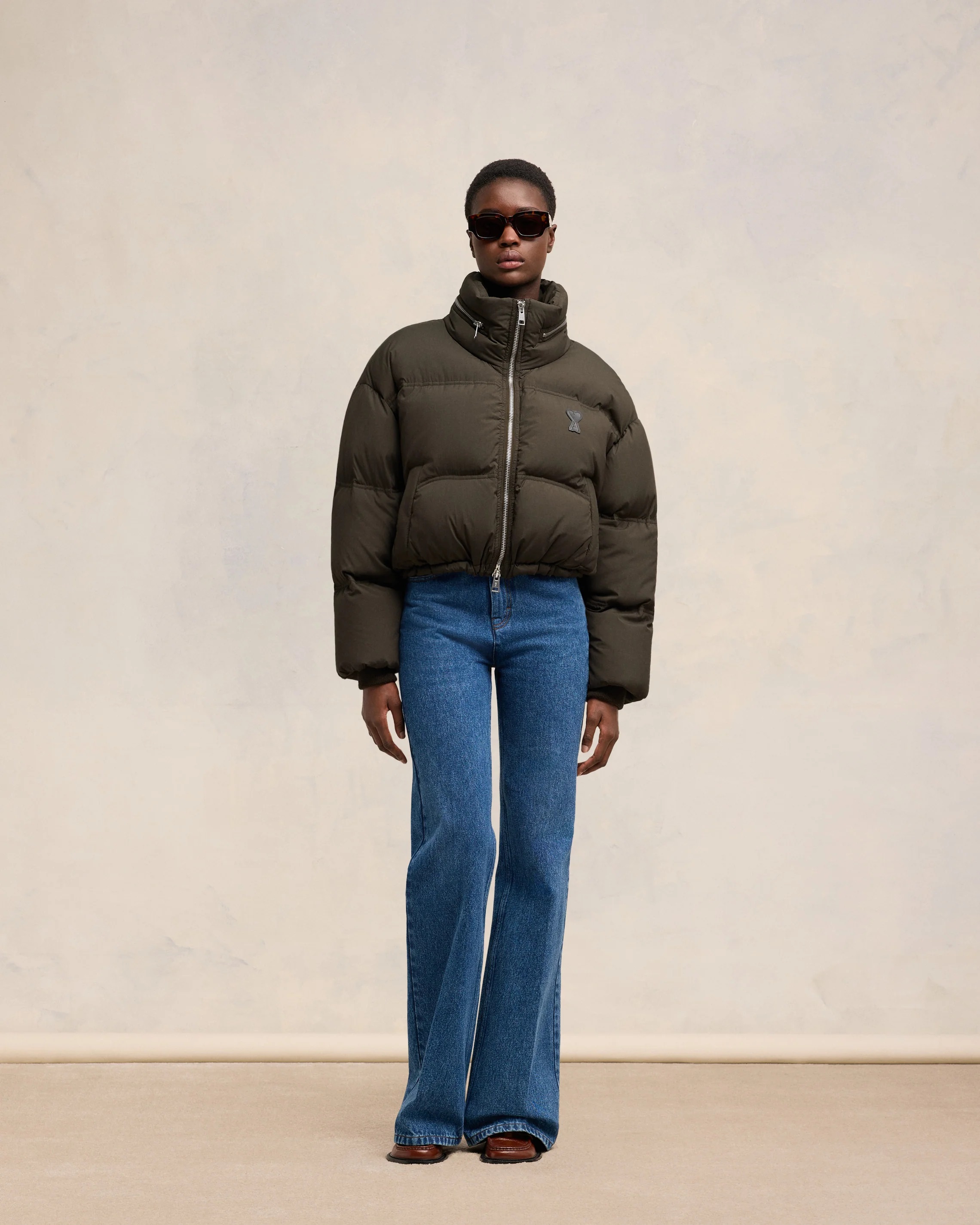 AMI PARIS de Coeur Cropped Down Jacket in Dark Coffee M