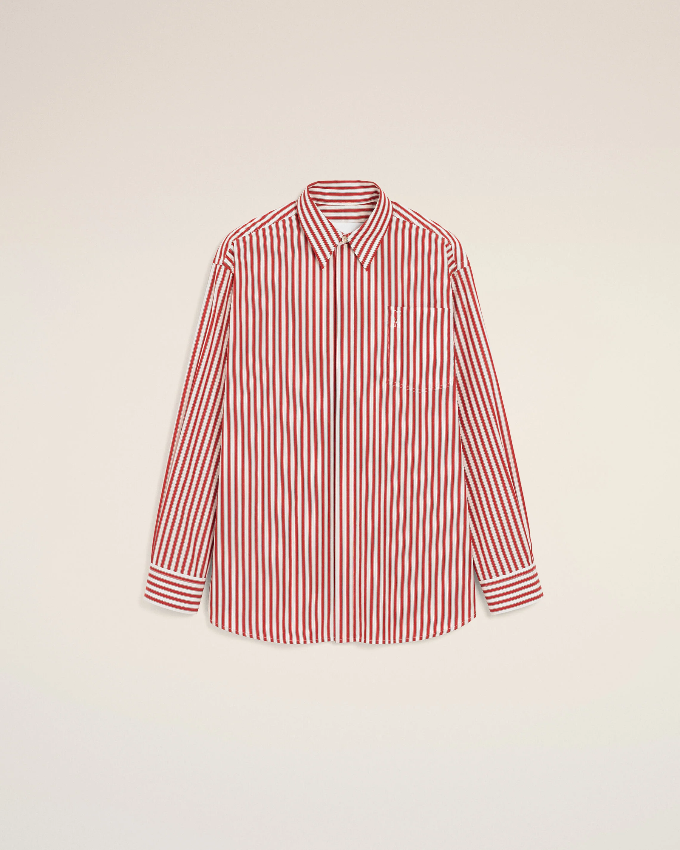 AMI PARIS de Coeur Oversize Stripe Shirt in Ruby Red / White