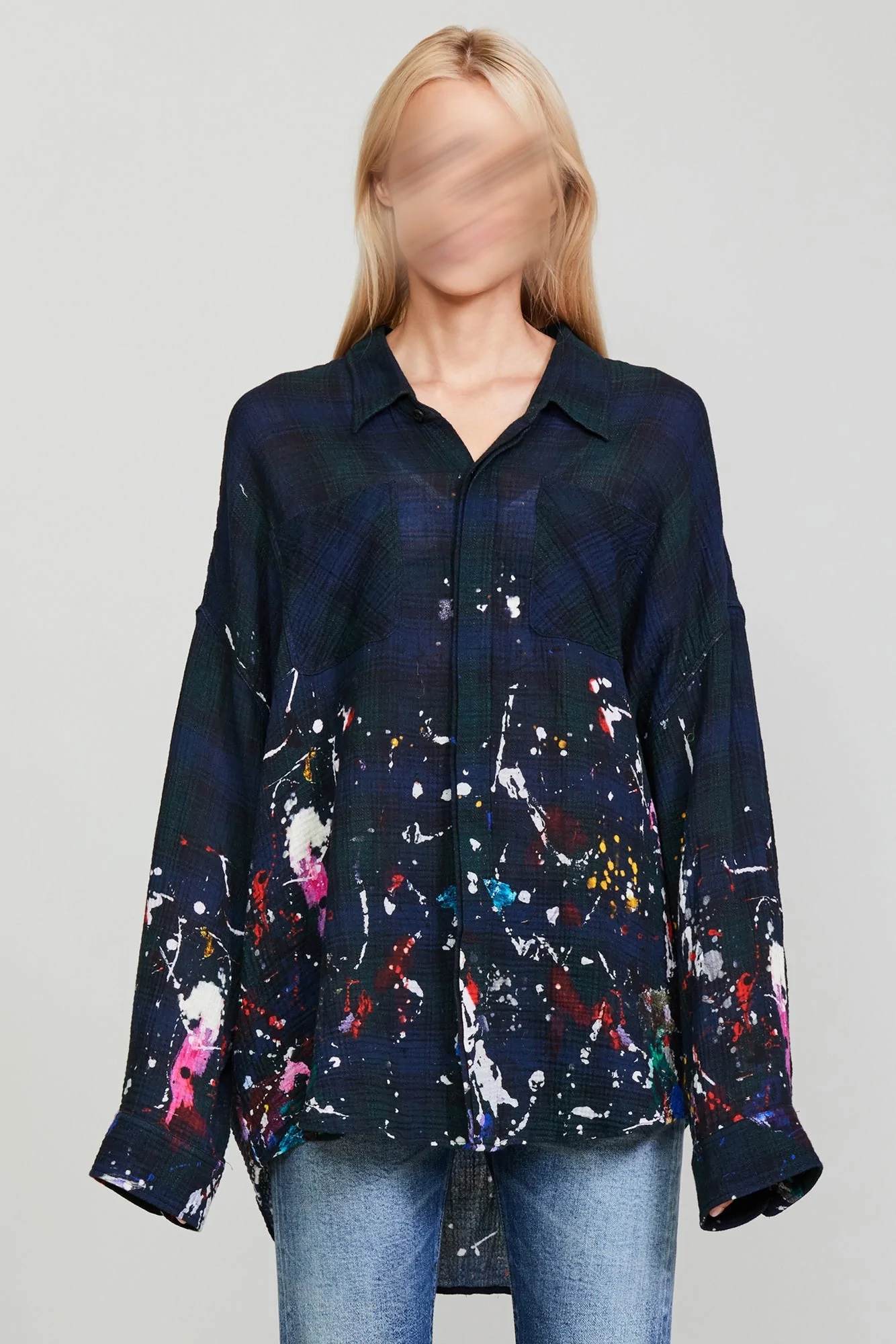 R13 Drop Neck Workshirt Navy Plaid Painted S