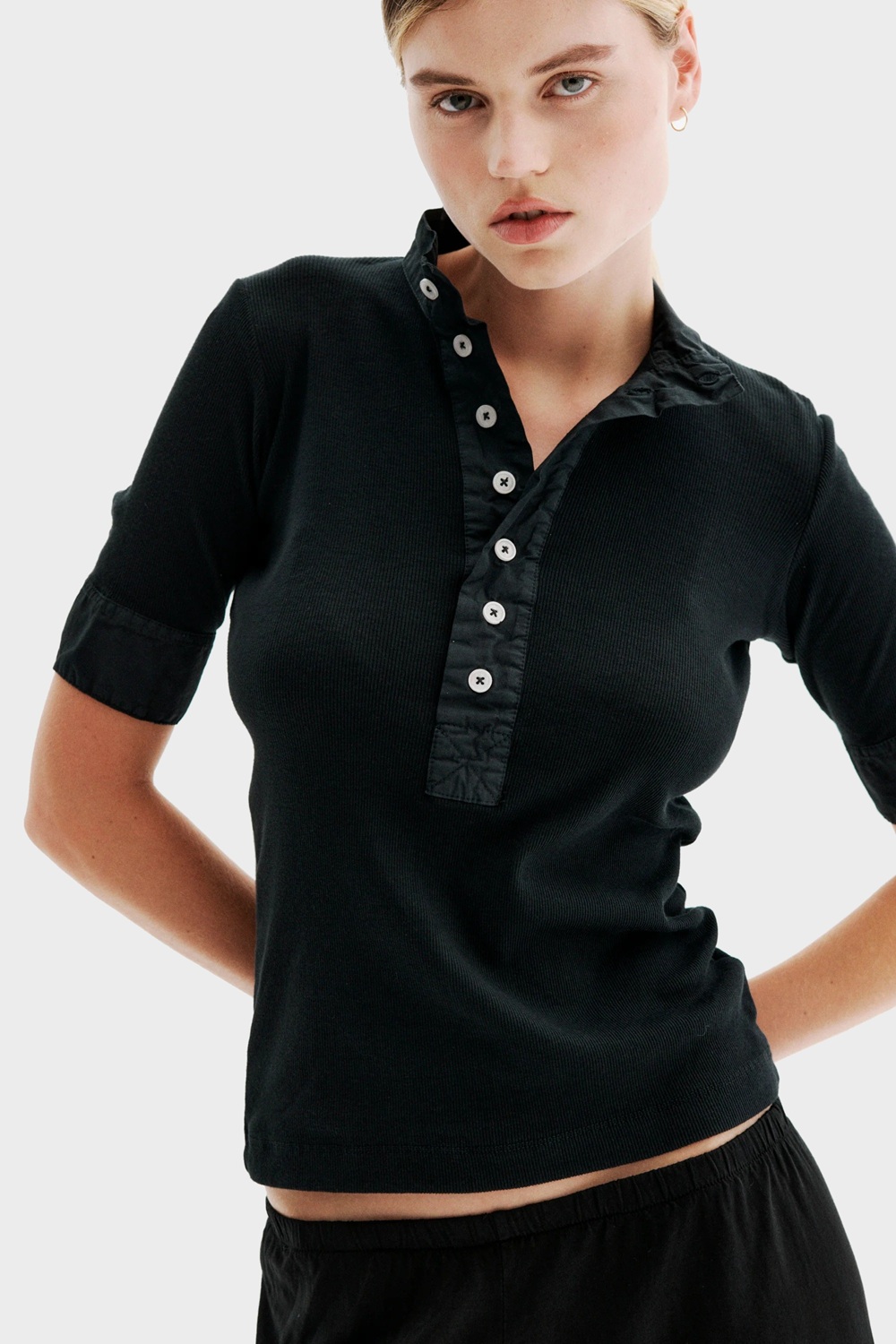ALL III Maria Rib Henley T-Shirt in Black