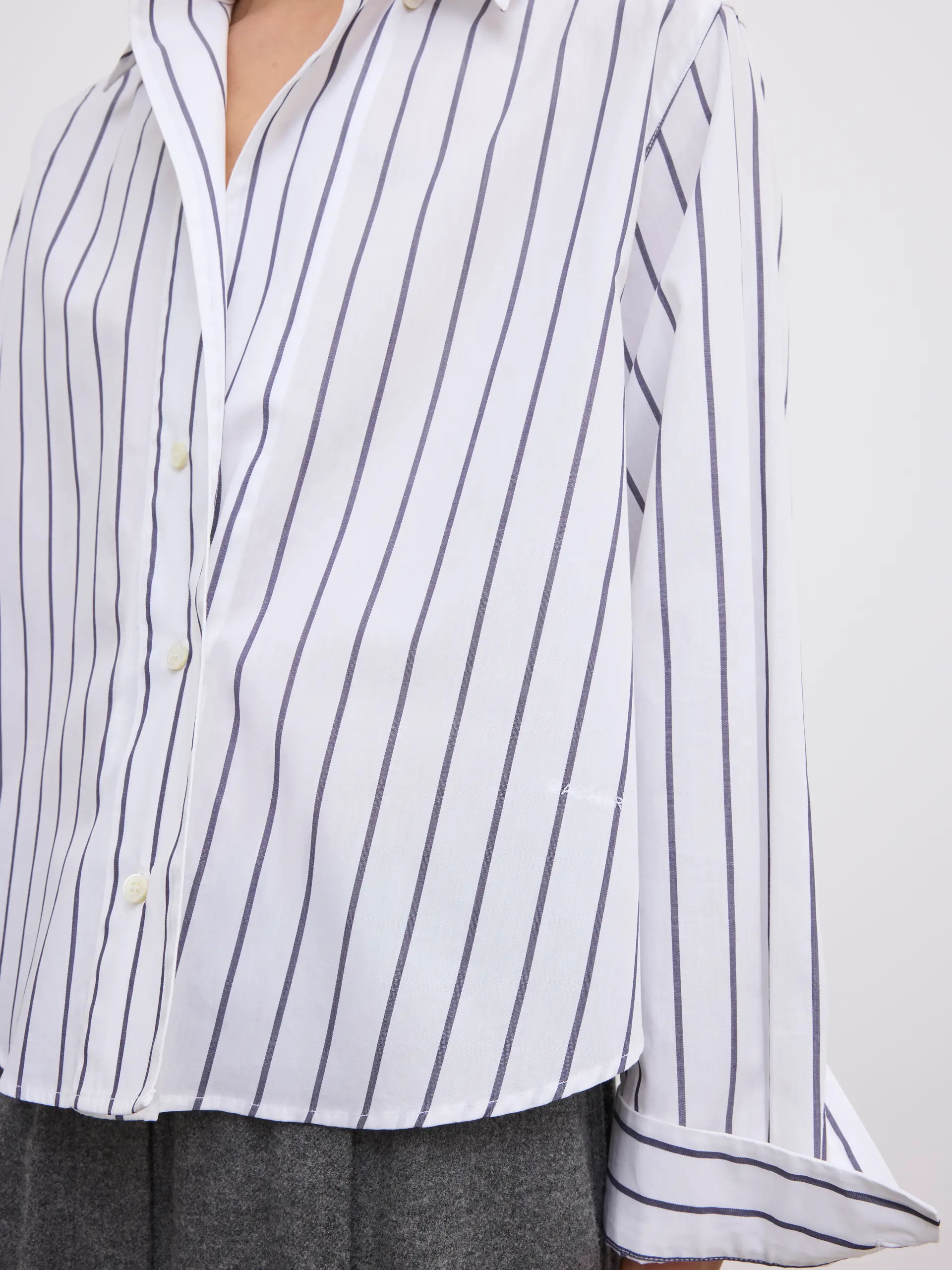 DAGMAR Asymmetric Cropped Shirt in White / Black Stripes