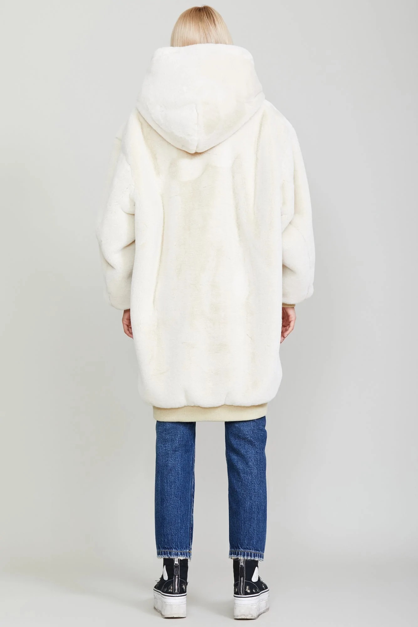 R13 Oversized Zip Fake Fur Coat in Ecru