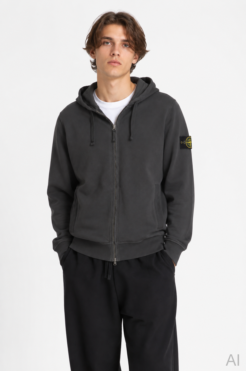 STONE ISLAND Soft Zip Hoodie in Dark Grey M