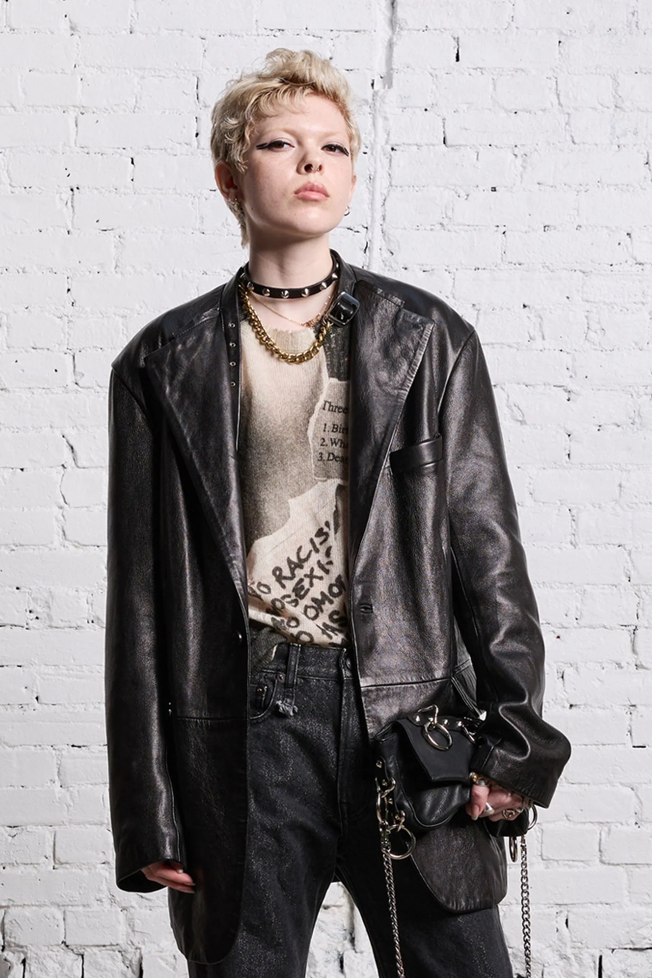 R13 Belt Collar Leather Jacket in Black