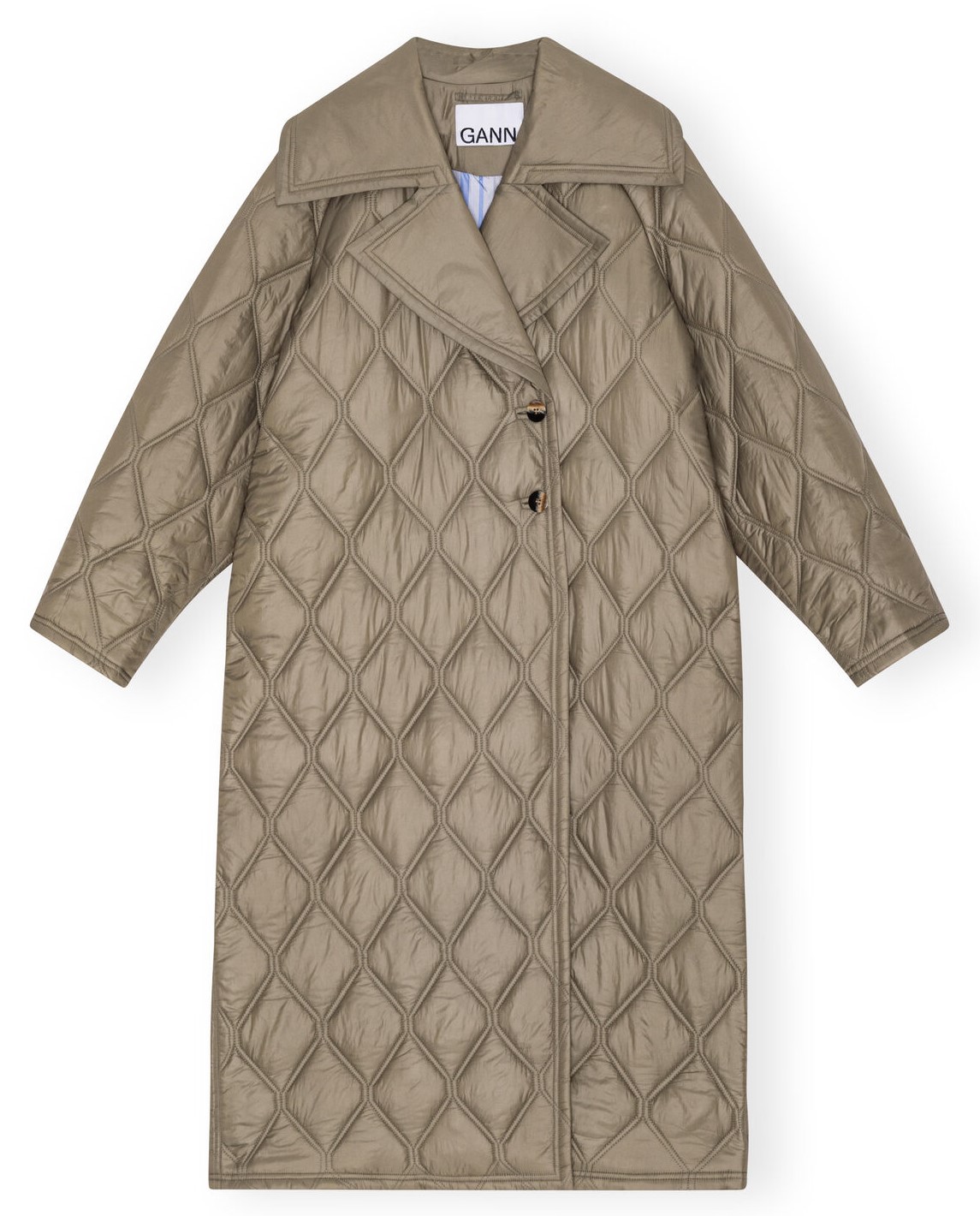 GANNI Shiny Quilt Coat in Light Olive