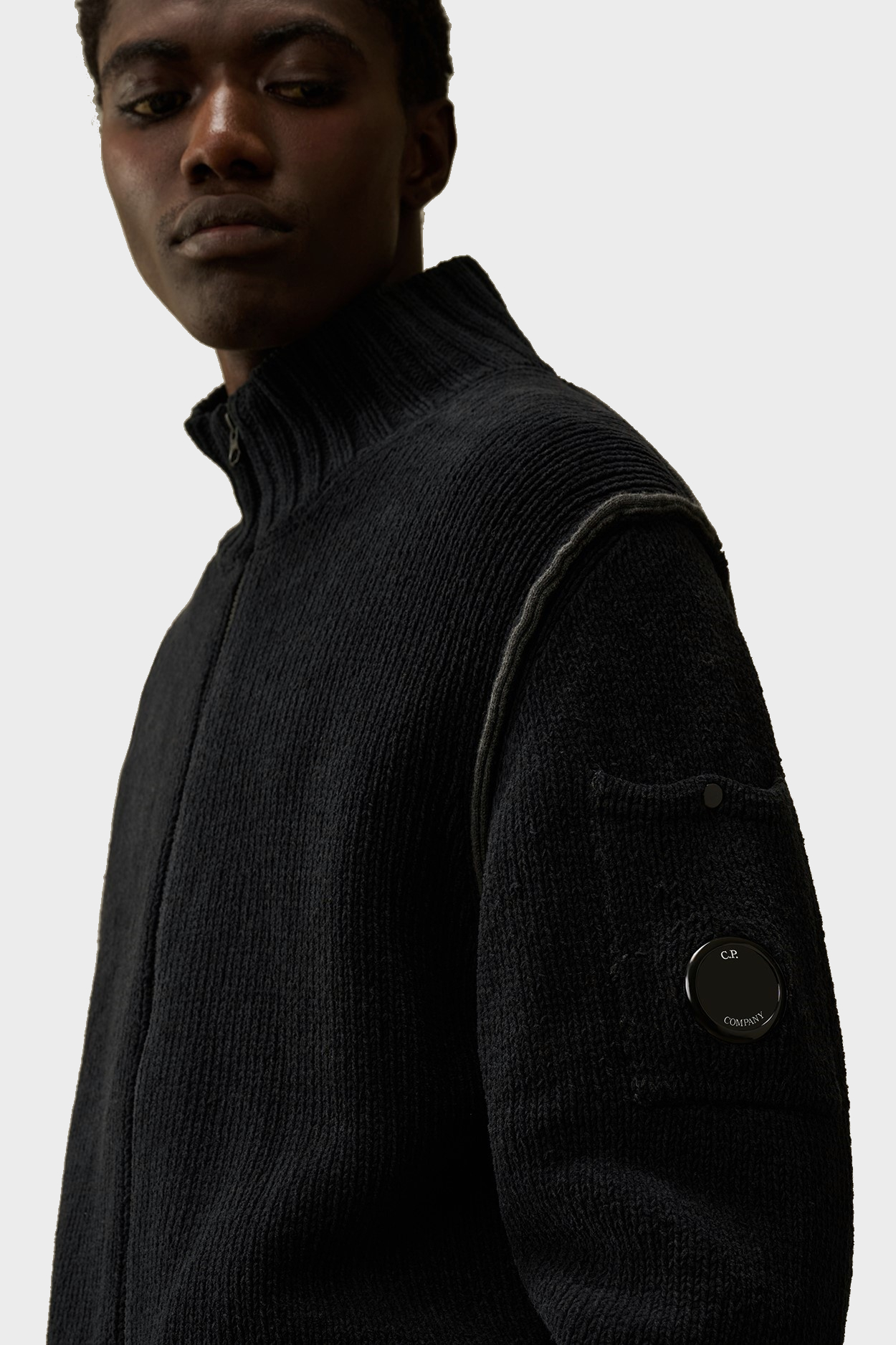 C.P. COMPANY Cotton Chenille Knit Jacket in Washed Black XL