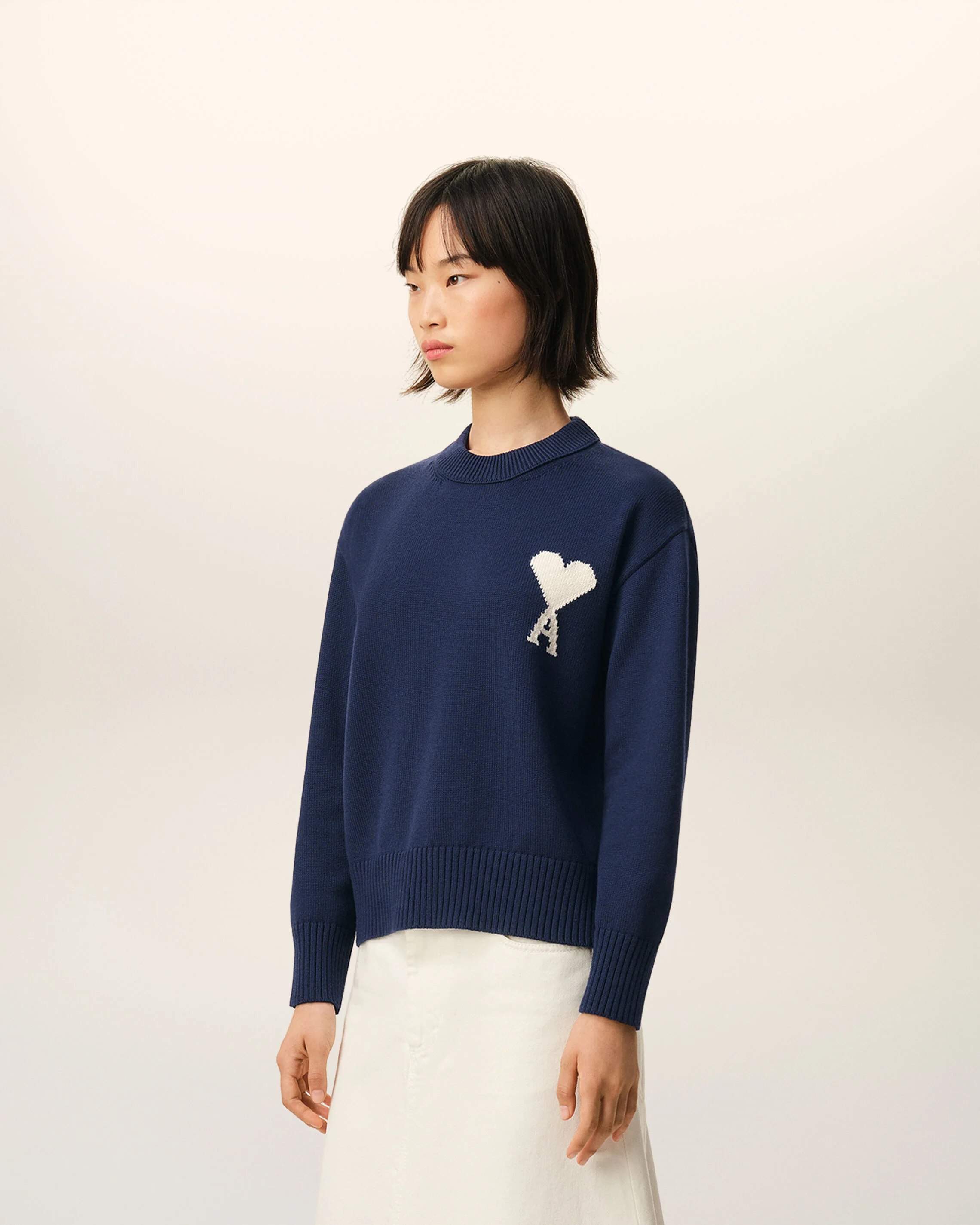 AMI PARIS de Coeur Wool/Cotton Knit Pullover in Navy